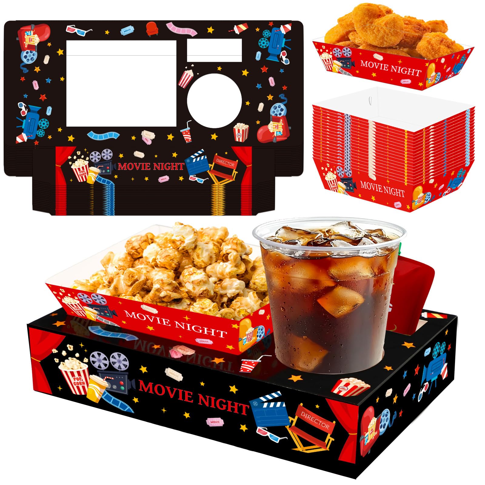 Jansun 36Pcs Movie Night Snack Trays Candy Popcorn French Fries Snack Trays Disposable Movie Boxes for Snacks Tray Outdoor Movie