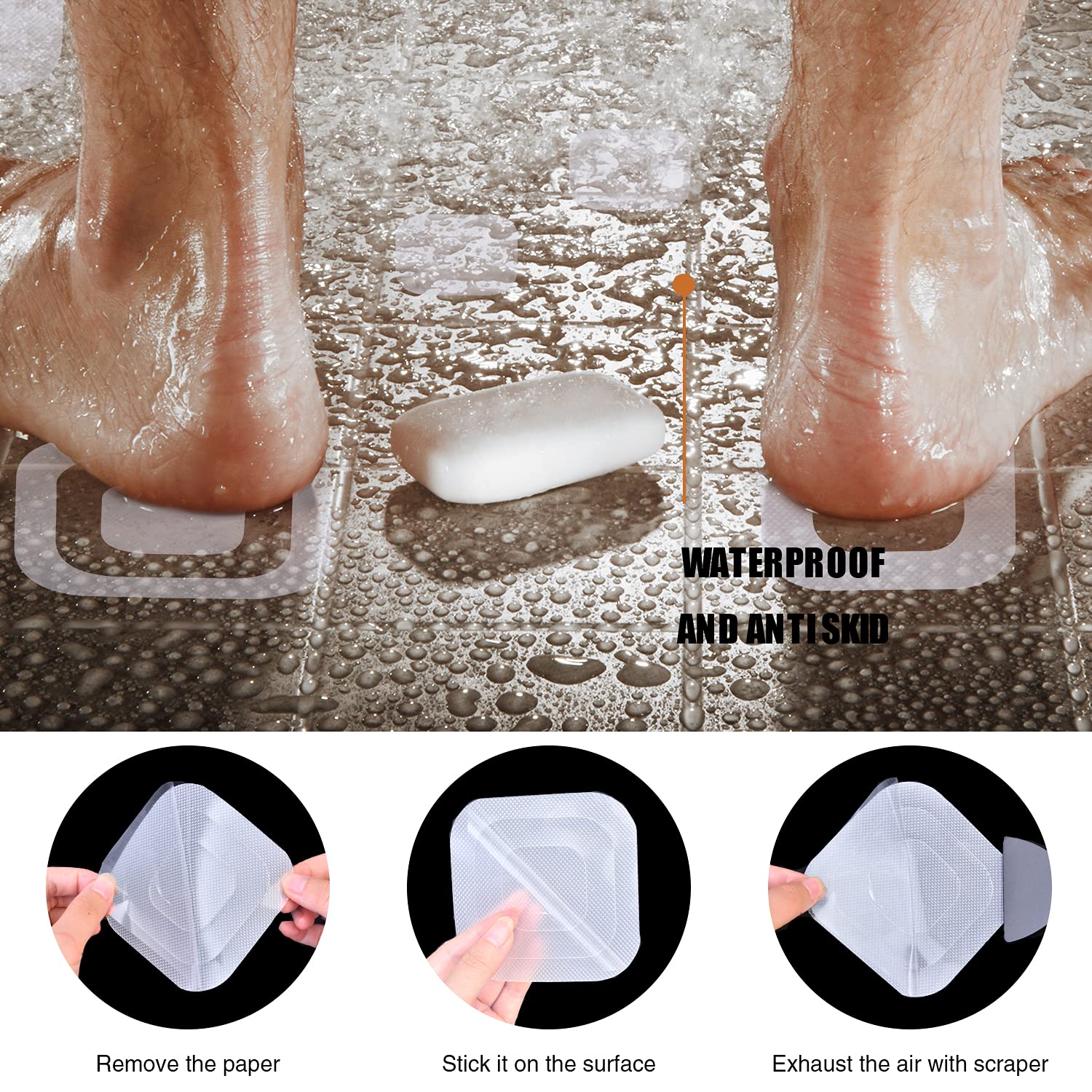 Secopad Non-Slip Bathtub Stickers, 72 Pcs Safety Bathroom Tubs Showers Treads Adhesive Decals Scraper (Clear)
