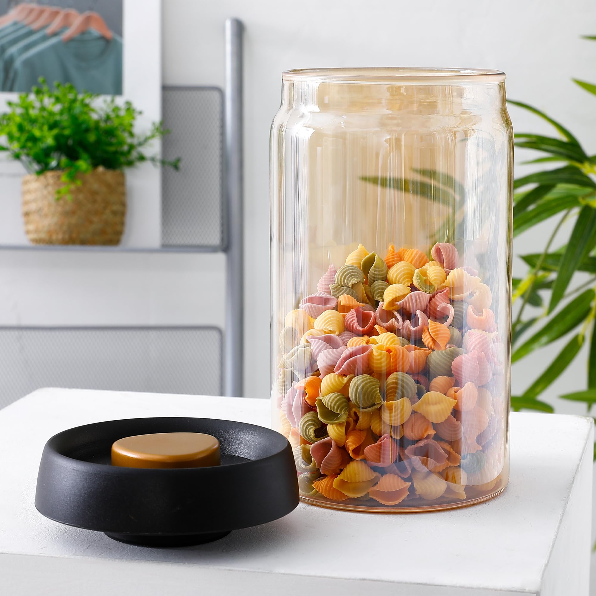 Umai Borosilicate Glass Jar For Kitchen Storage With Vacuum Plastic Lid | 1200Ml | Multipurpose Airtight Jar For Cookies, Snacks