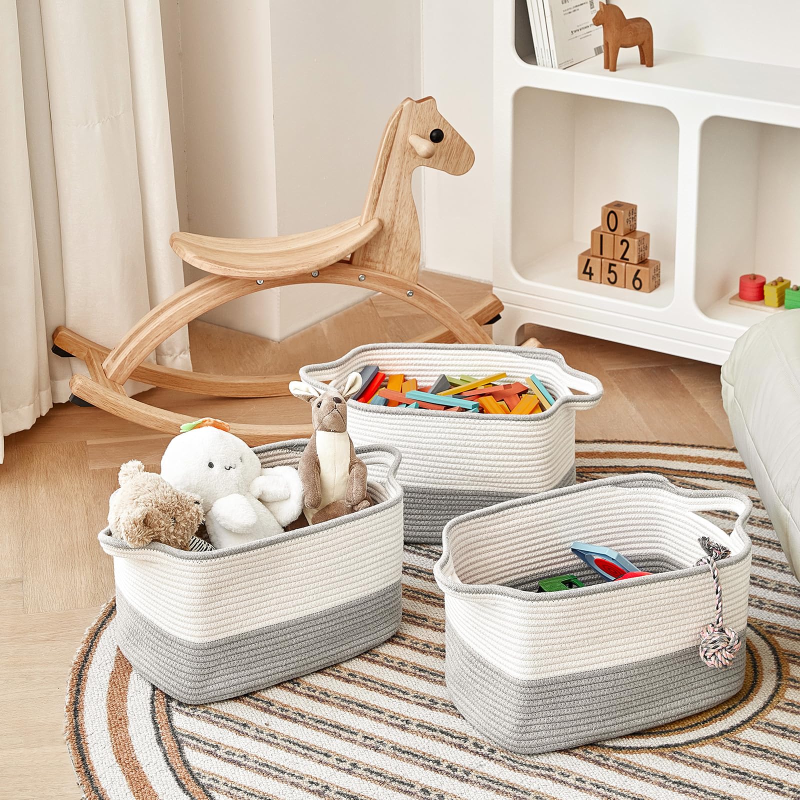 R Runka Cotton Rope Storage Basket Set Of 3 (15''X10.2''X9.1'') - Rectangle Storage Bins - Versatile Toy Storage Organizer - Per