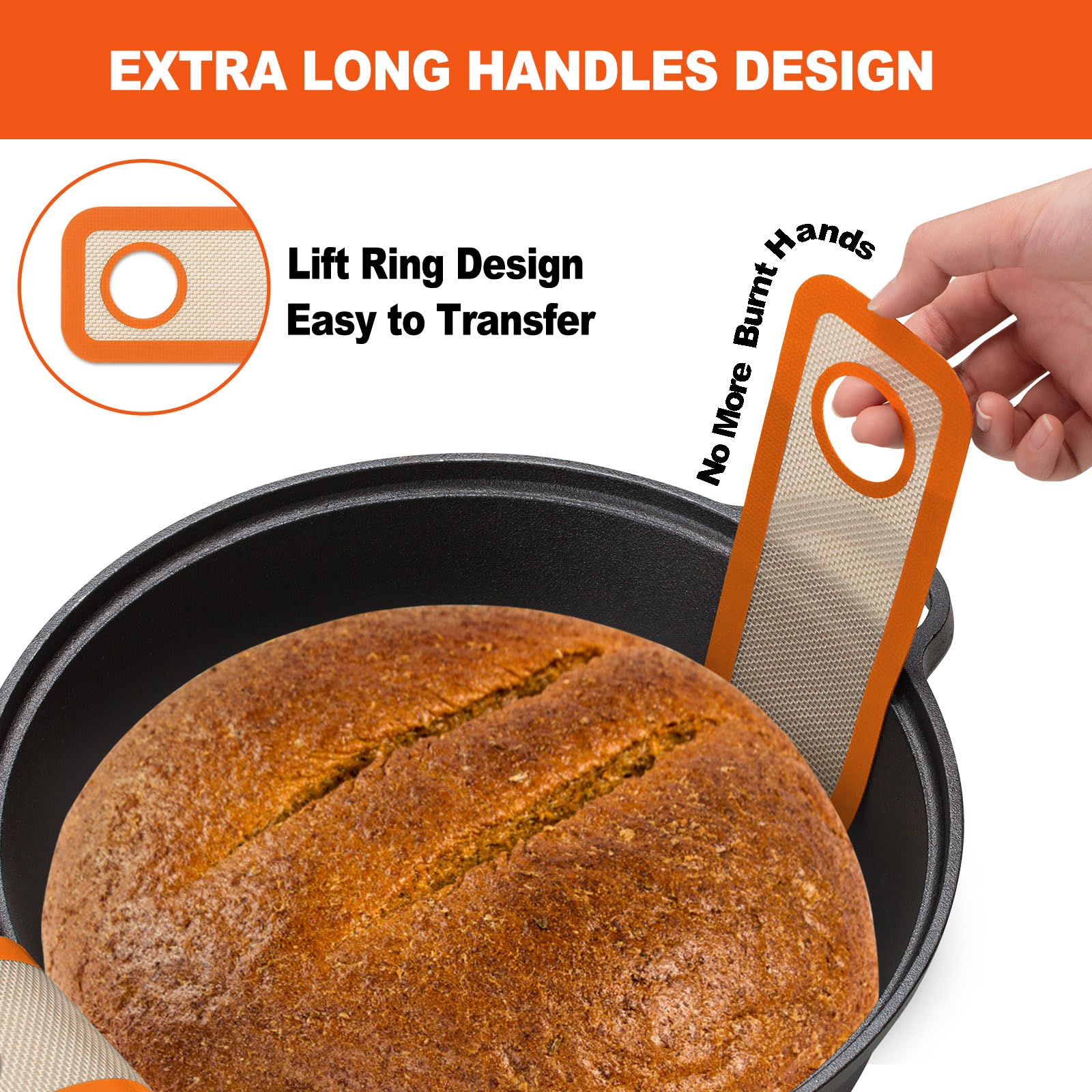 Silicone Bread Sling Dutch Oven - Best Japan Silicone. Non-Stick & Easy Clean Reusable Silicone Bread Baking Mat. With Extra Long Handles Bread Baking Sheet Liner  2 Orange Set for Transferable Dough