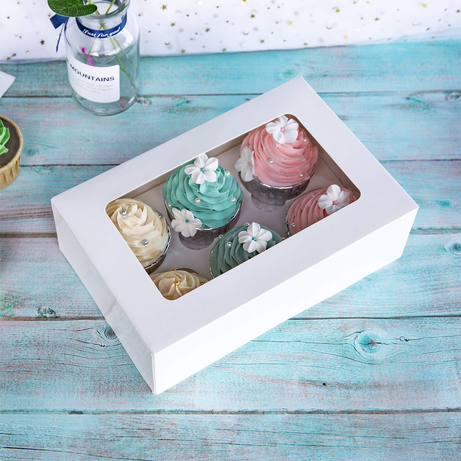 One More Cupcake Boxes With Inserts 6 Holders,9.5X6.3X3Inch Large White Standard Bakery Boxes With Window Food Grade Cake Carrie