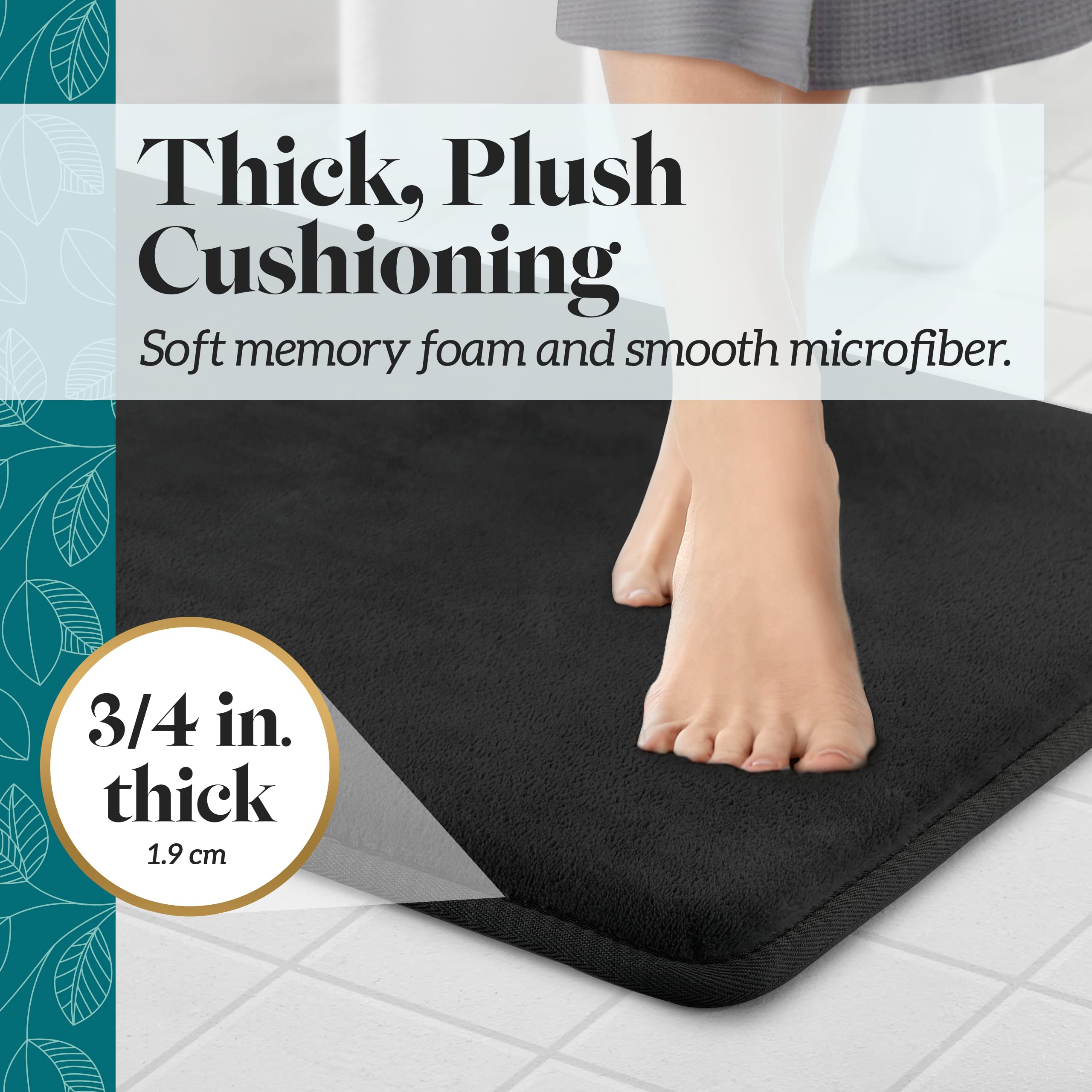 Genteele Bath Mats For Bathroom Non Slip - Black 17'' X 24'' Memory Foam Bathroom Rugs - Quick Dry Bath Mat