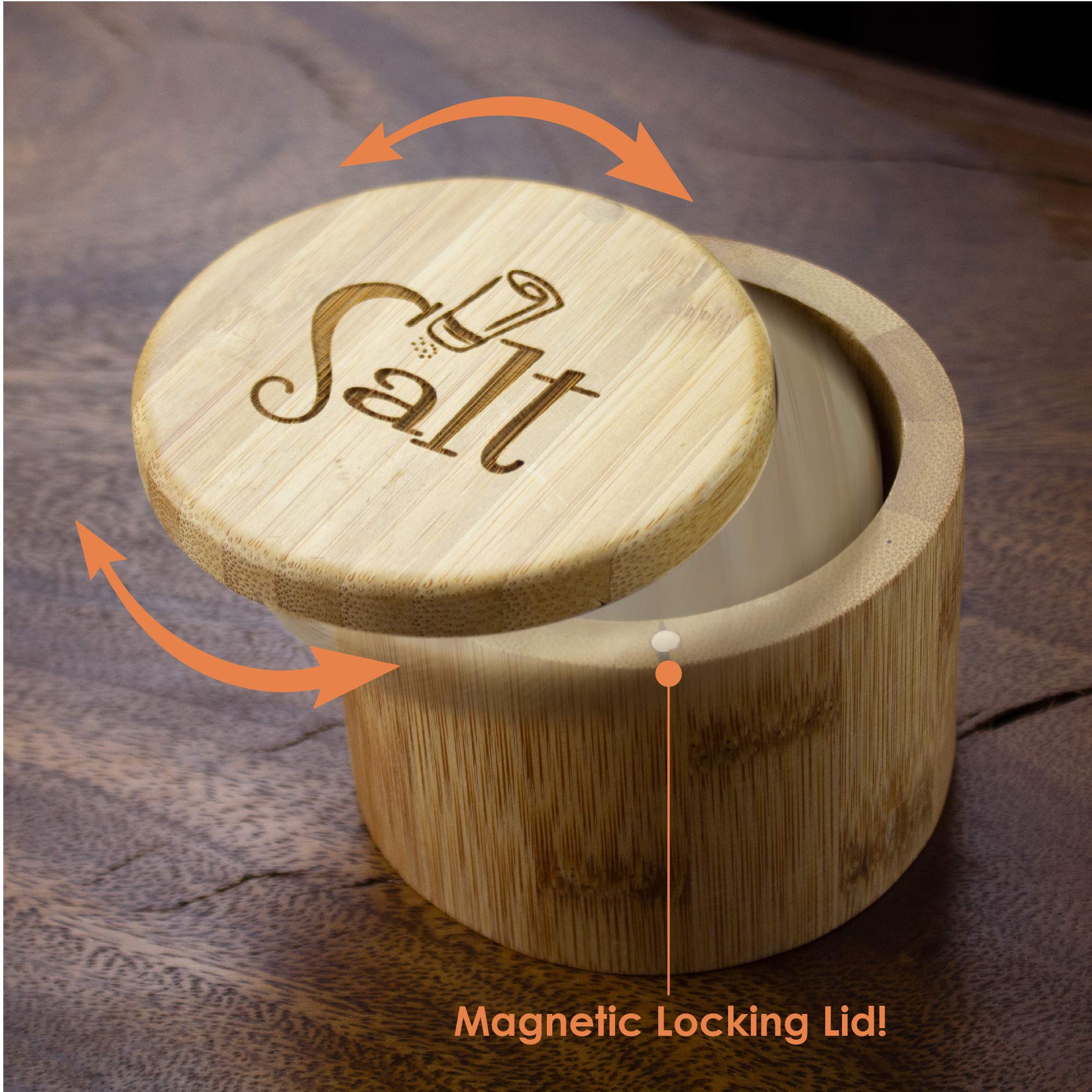 Totally Bamboo Salt Cellar Bamboo Storage Box With Magnetic Swivel Lid, 6 Ounce Capacity, Salt Engraved On Lid