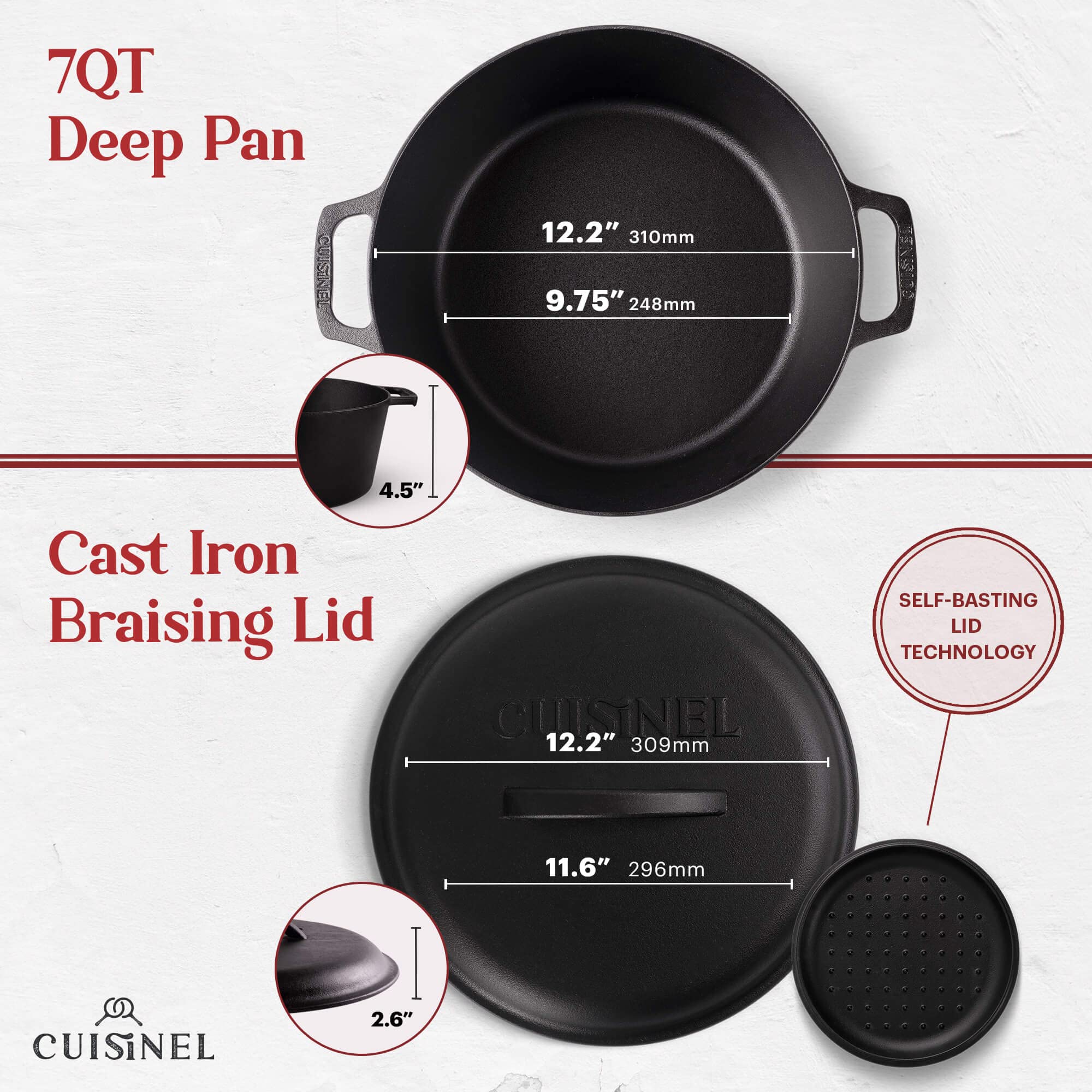 Cuisinel Cast Iron Dutch Oven - 7-Quart Deep Pot + Lid + Pan Scraper + Handle Covers - Large Pre-Seasoned Cooker For Baking Brea