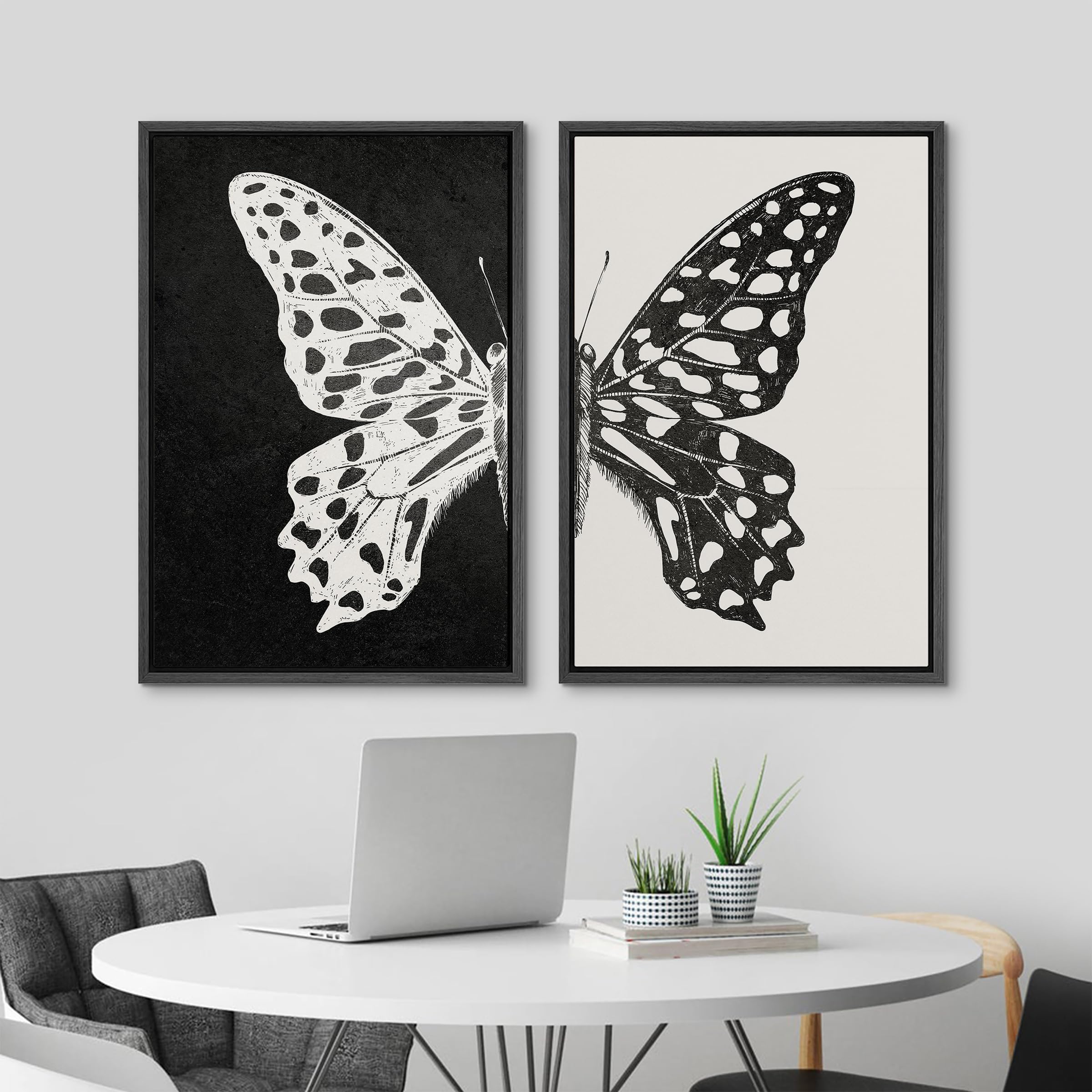 Mudecor Framed Canvas Wall Art Black And White Butterfly Prints Minimalist Modern Art Boho Wall Decor For Bedroom - 16''X24''X2