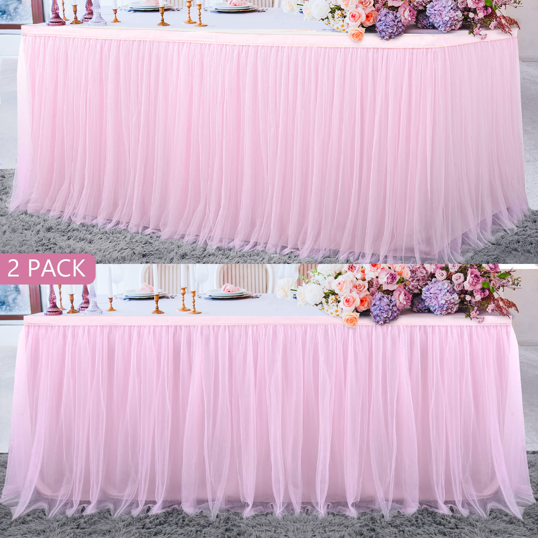 2 Pack 6Ft Pink Tulle Table Skirts For Rectangle Tables Or Round Tables Pink Tutu Tablecloth Cover For Princess Baby Shower Girl