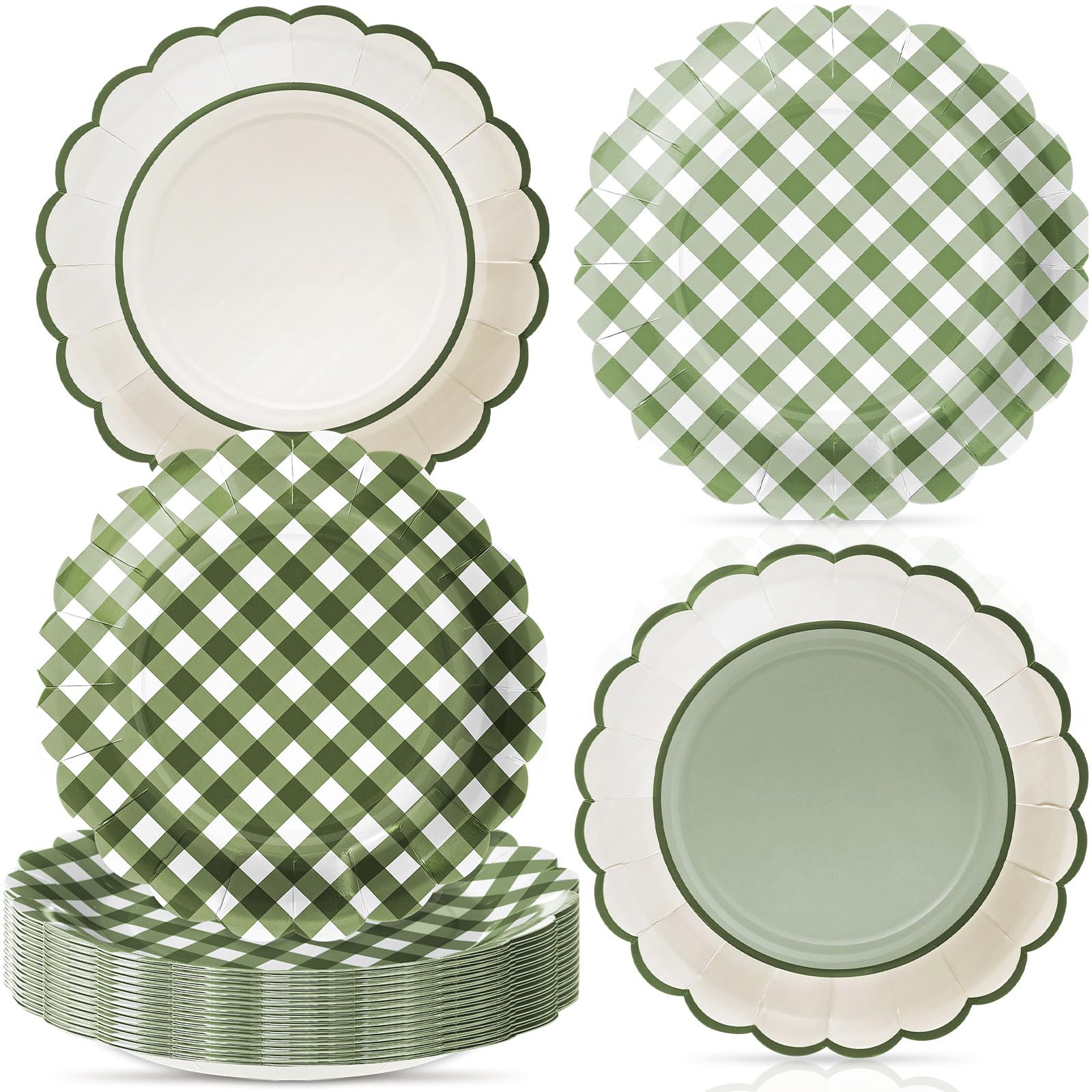 Tiangrid 60 Pcs Sage Green Christmas Scalloped Paper Plates 9 Inch Disposable Sage Green White Gingham Plates Neutral Baby Showe