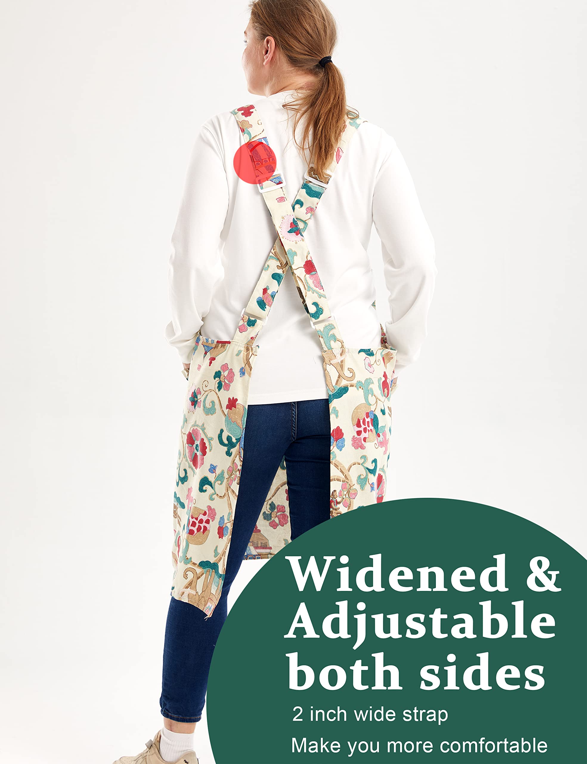 APRONNER Big Plus Size Aprons for Women with Pockets Cotton Linen Baking Kitchen Cooking Sacred Flowers