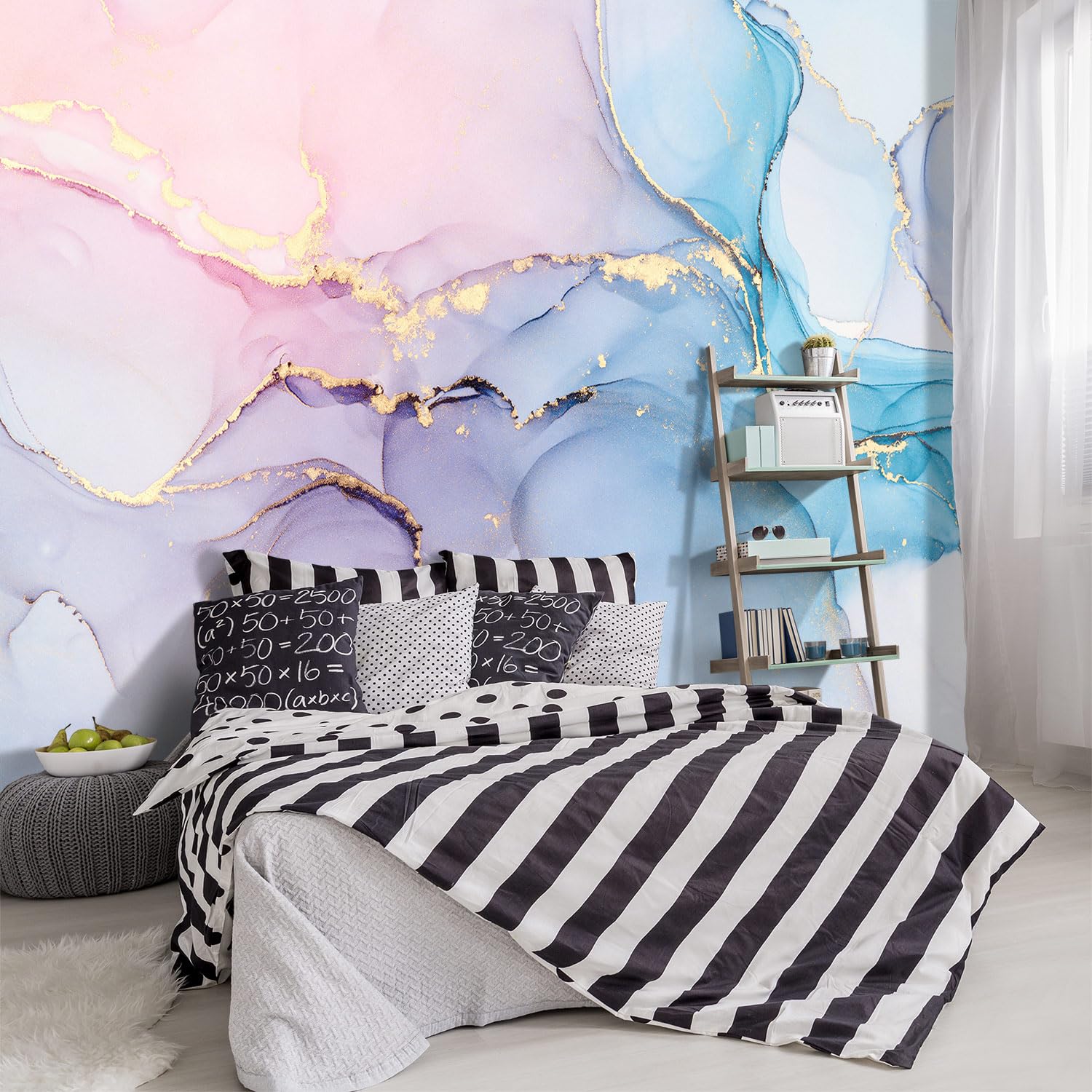 YIHWM -Coloured Marbled Fabric Wallpaper Abstraction Golden Art Living Room Bedroom Bathroom Wall Mural- 137x96( not Peel and St