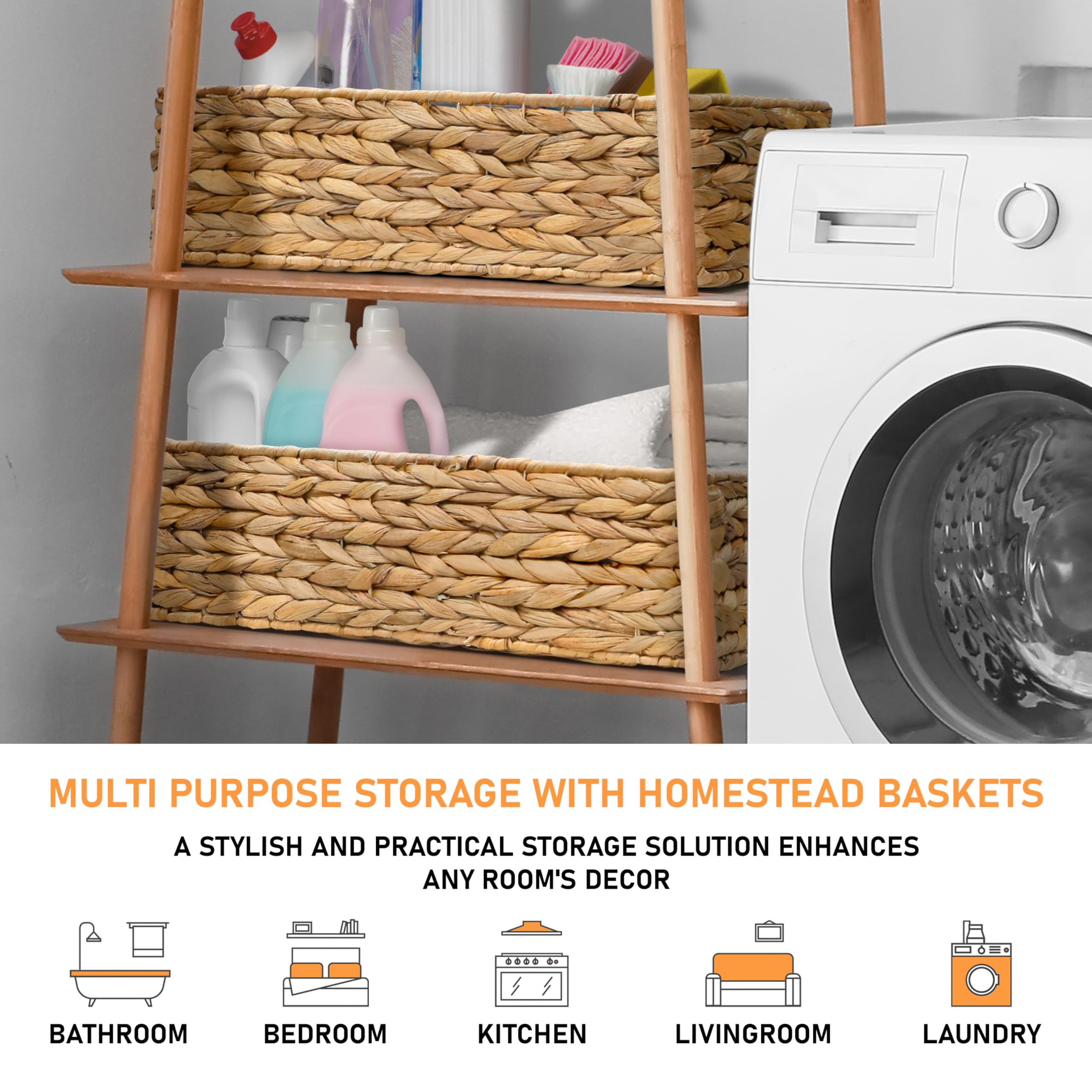 Homestead Water Hyacinth Storage Baskets, 15.6'' Long Narrow Rectangular Wicker Baskets For Bedroom, Living Room, Bathroom, Shel