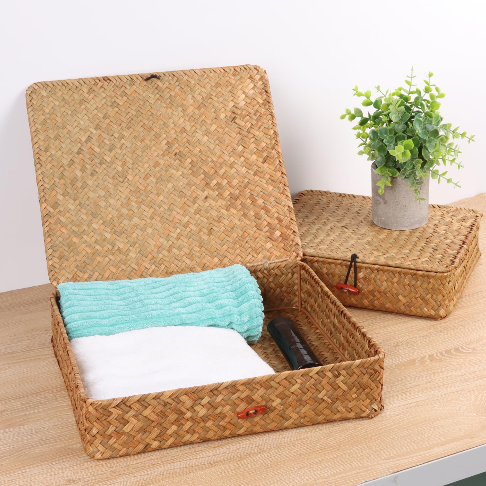Moosky Flat Wicker Shelf Baskets With Lid, Seagrass Woven Basket Boxes For Storage Basket Bins Multipurpose Home Decor Organizer