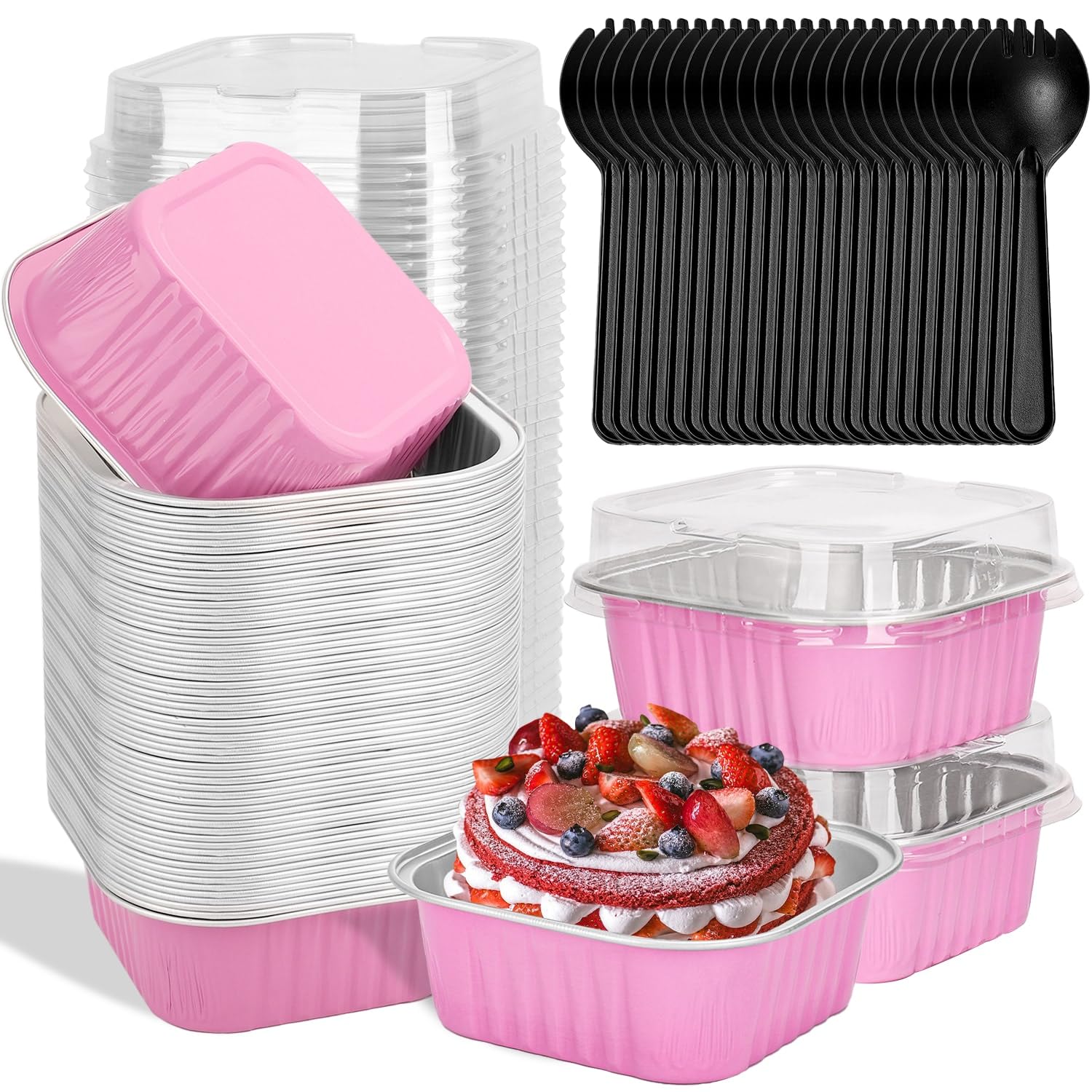 selizo 60 Pack 10oz Mini Disposable Cake Pans with Lids, Aluminum Foil Square Baking Cups, 4.4x4.4 Large Baking Cake Tins Cup Ca