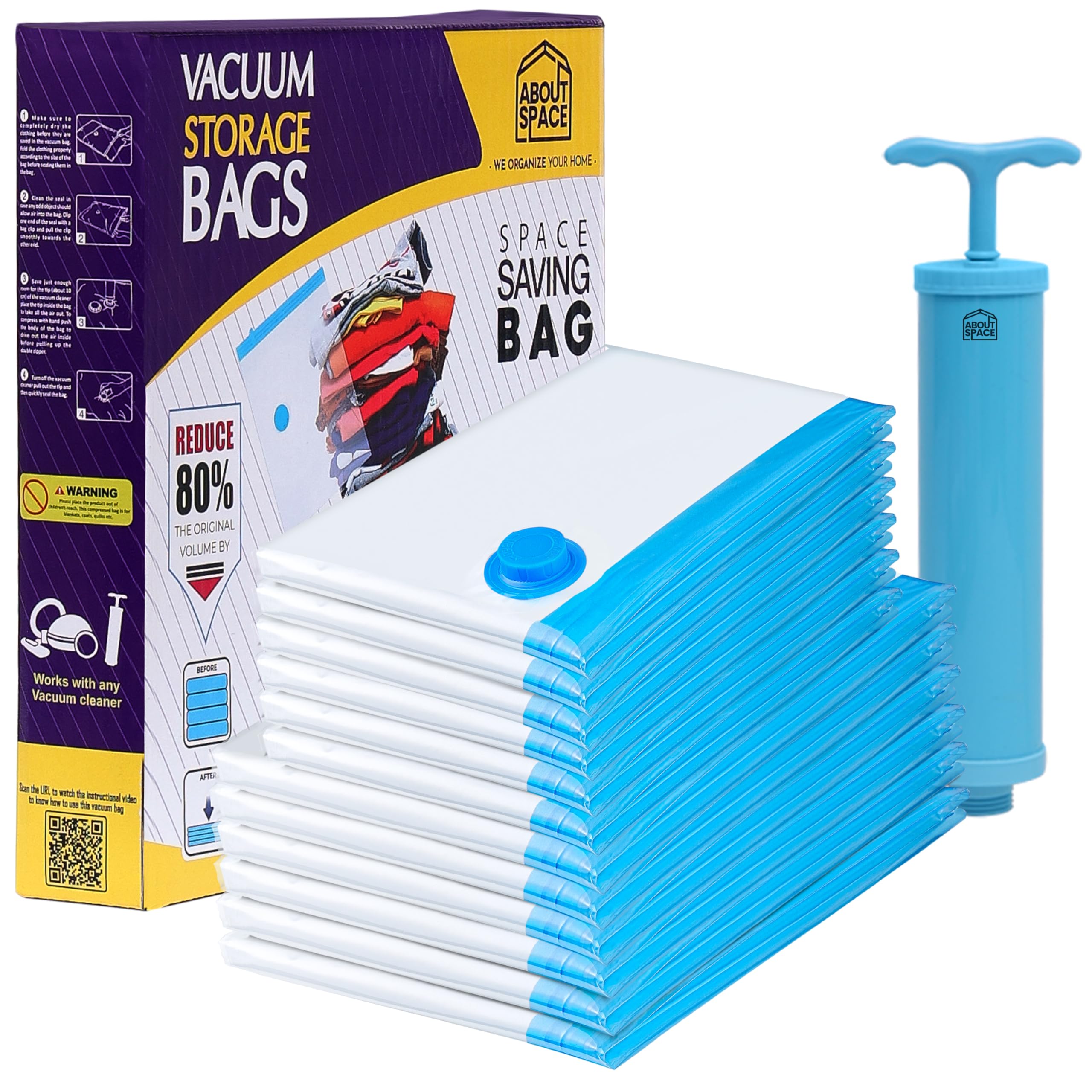 About Space Vacuum Compression Bags (12 Pack) With Hand Pump | 1 Jumbo/6L Zip Seal Compression Storage Bags | HeavyDuty Airtigh