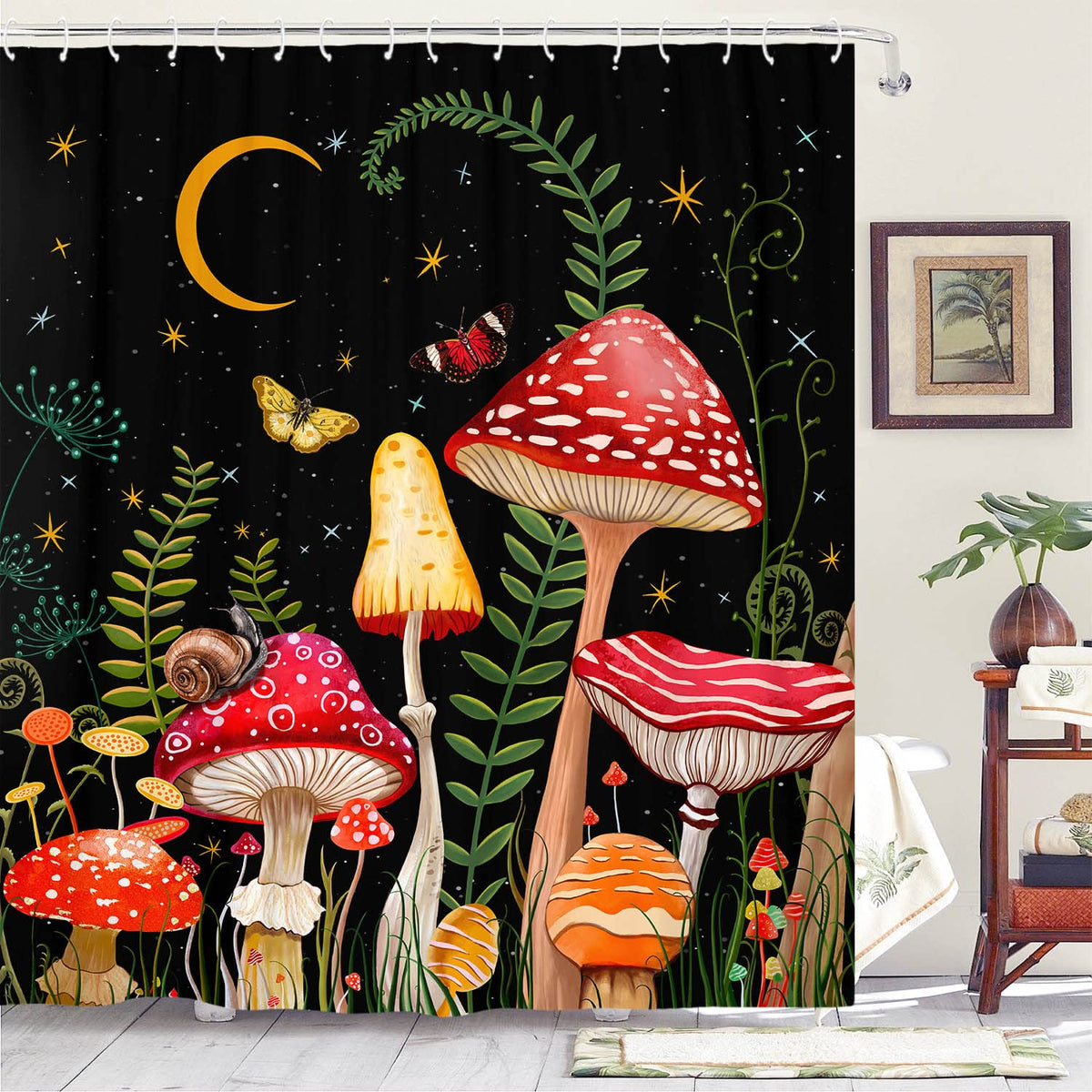 Zussun 84 Inch Extra Long Mushroom Shower Curtain Black And Red Floral Butterfly Waterproof Fabric Bathroom Shower Curtains Aest
