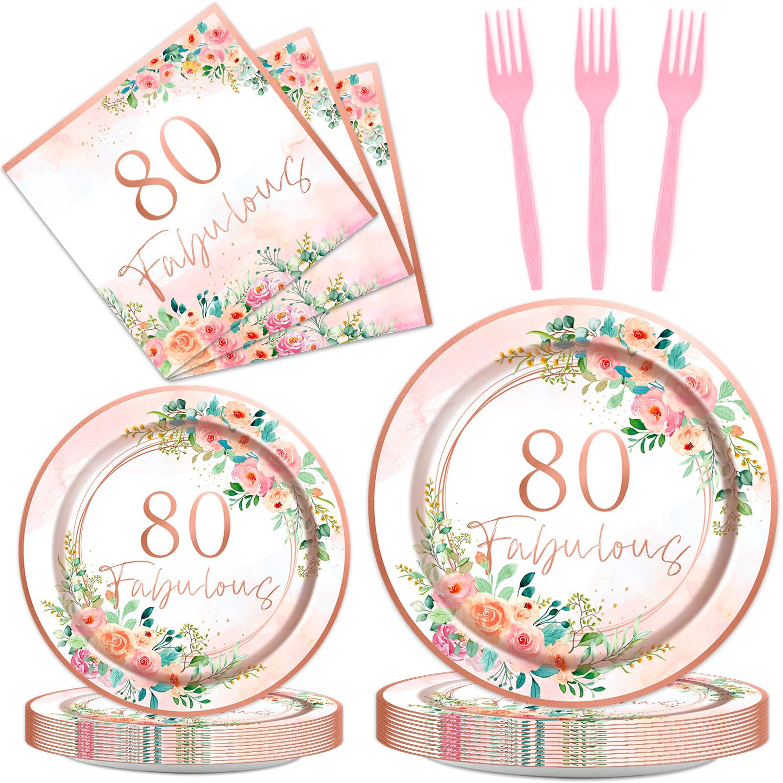 Obusatt 96Pcs Floral 80 Fabulous Party Supplies 80Th Birthday Paper Plates Napkins Rose Gold Party Decorations 80 Years Dinnerwa