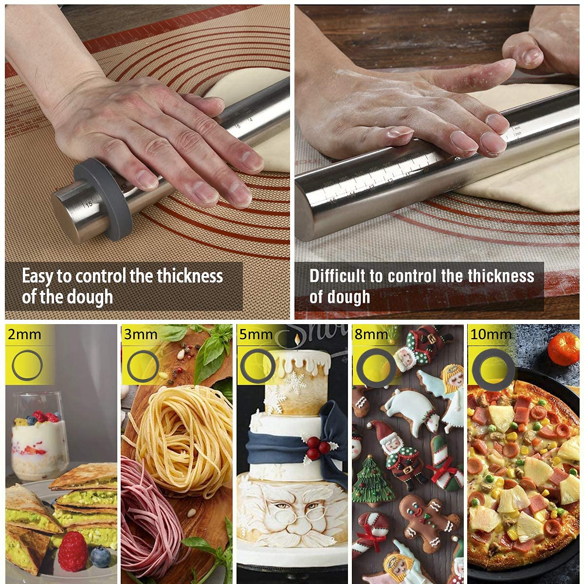 Folksy Super Kitchen Silicone Guide Rings for Rolling Pin - 10 Piece Set, 1.5 inches, Silver Spacer Bands for Baking Dough