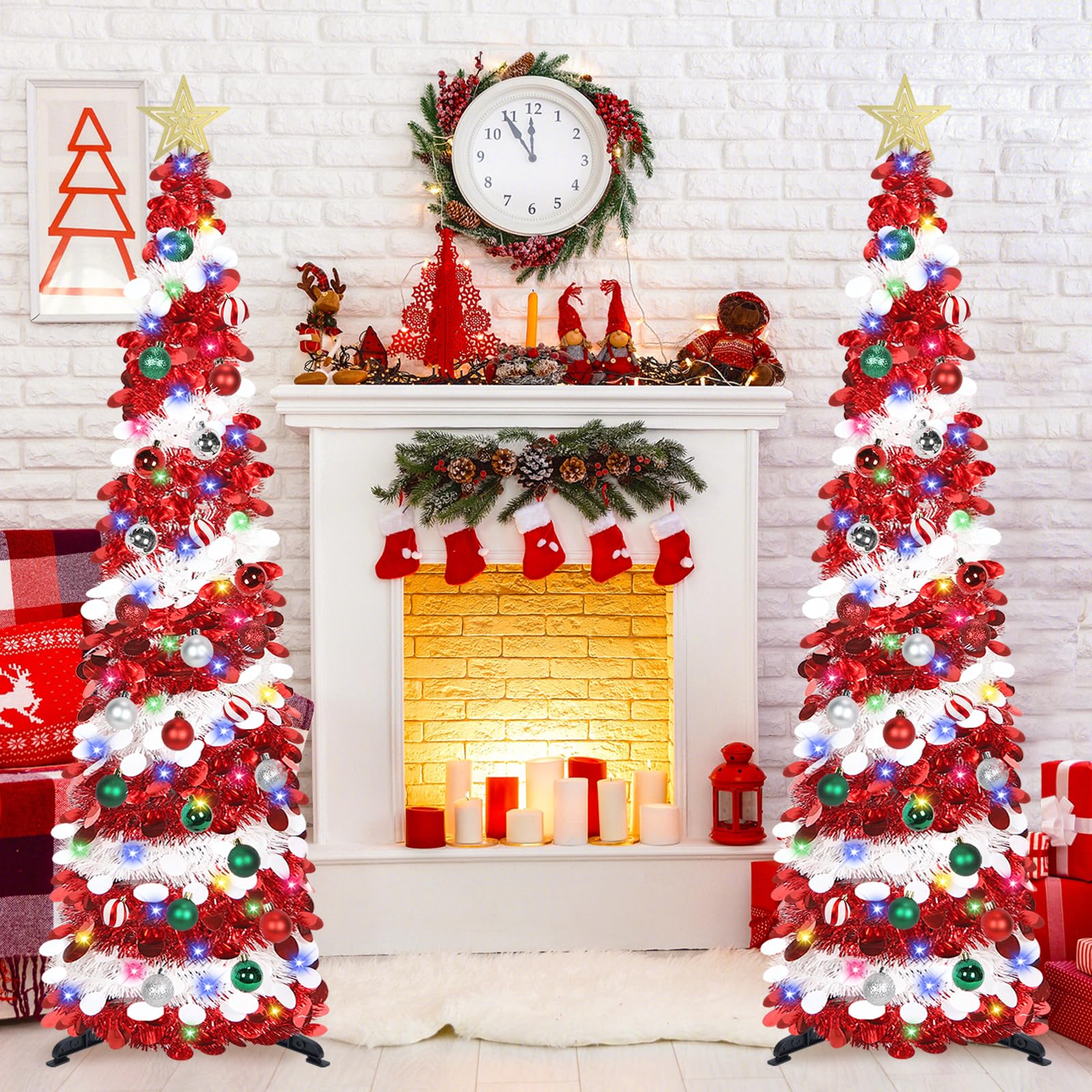SINTENILL 5 FT Pop Up Christmas Tree with Timer Lights and Decorations, Red White Artificial Tinsel Christmas Tree with 24 Ball