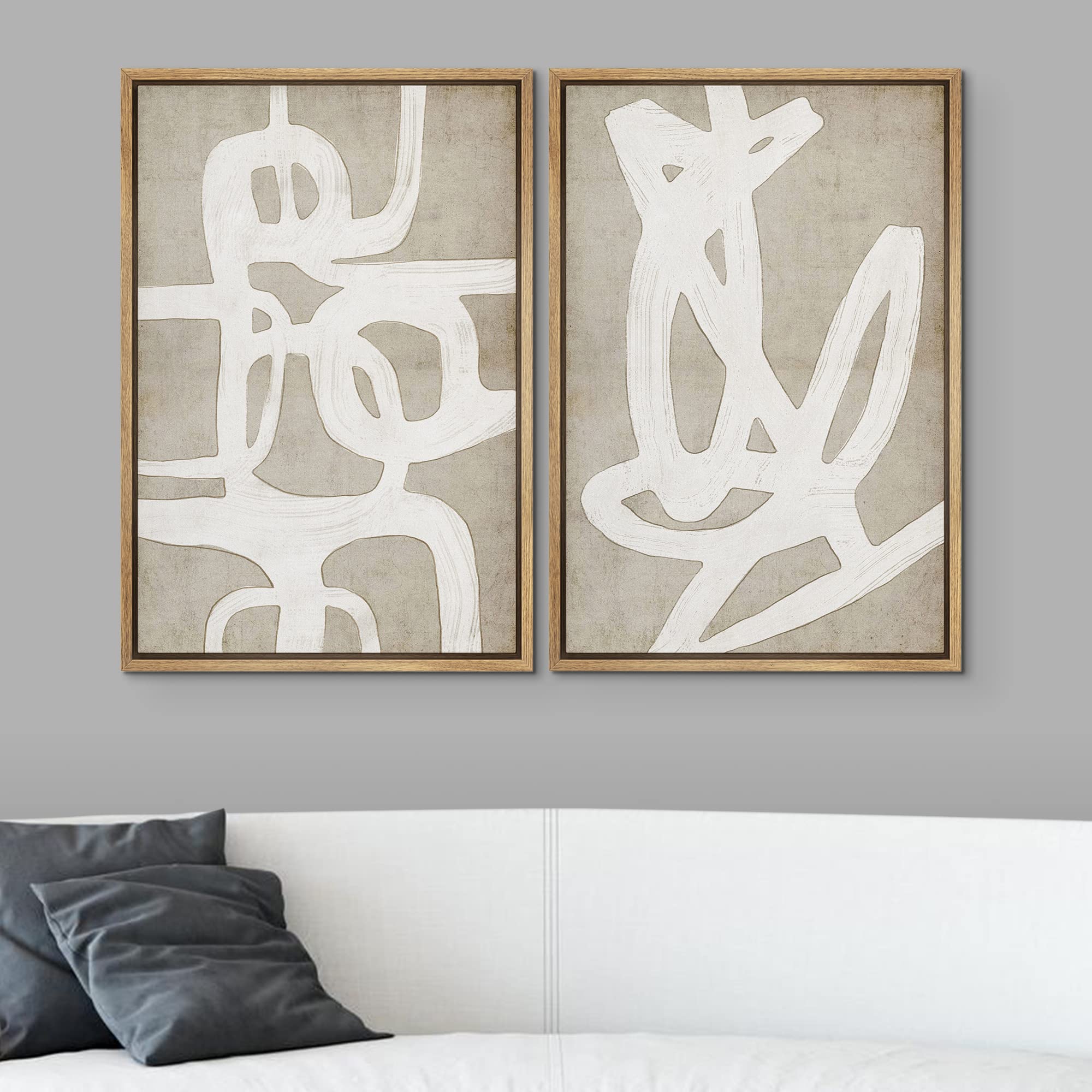Signwin Framed Canvas Print Wall Art Set Mid-Century Tan Paint Strokes Abstract Shapes Illustrations Minimalism Decorative Bohem