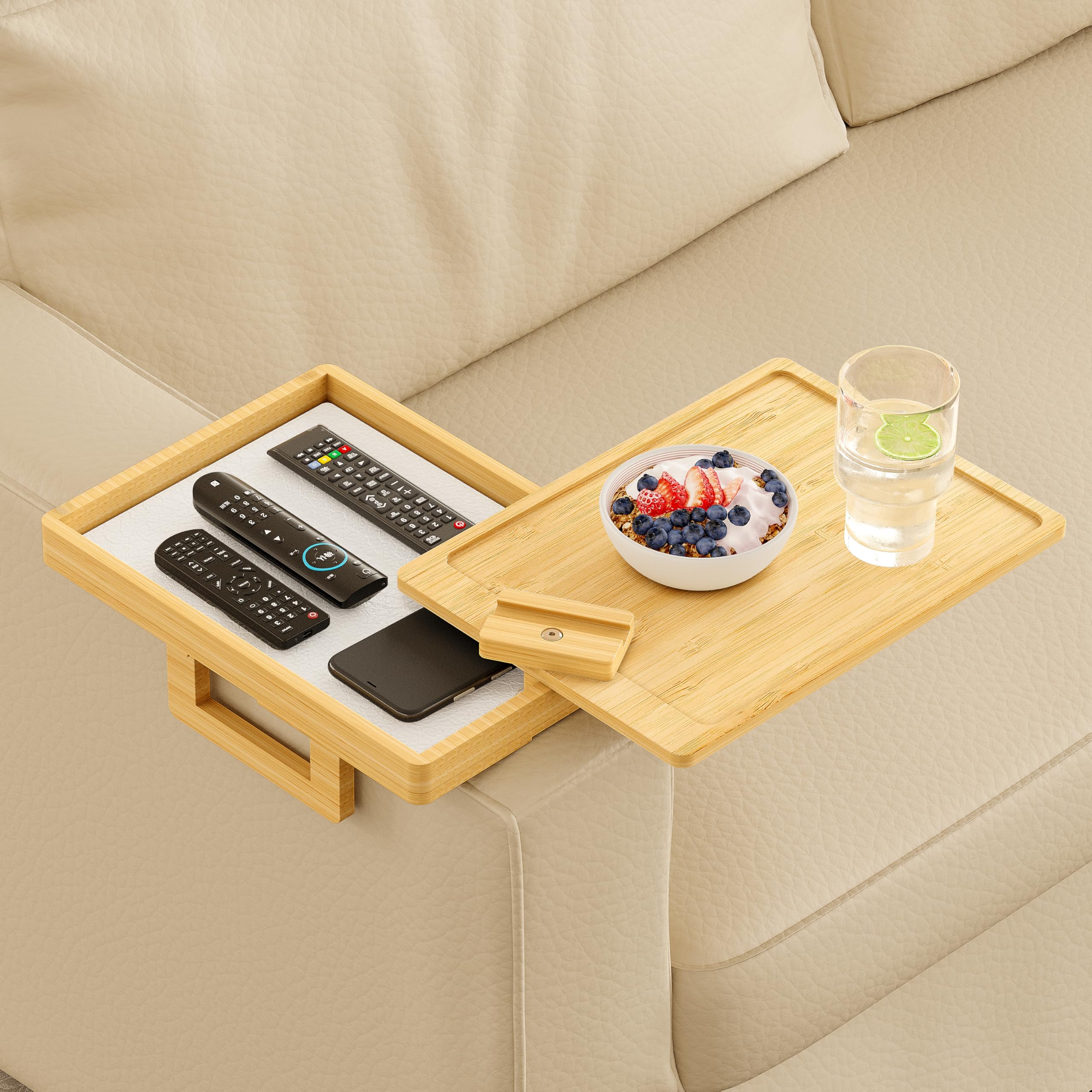 Wealone Bamboo Couch Arm Tray for Wide Couch, Sofa Arm Clip Table with Storage Box, Couch Armrest Tray with 360Rotating Phone Ho