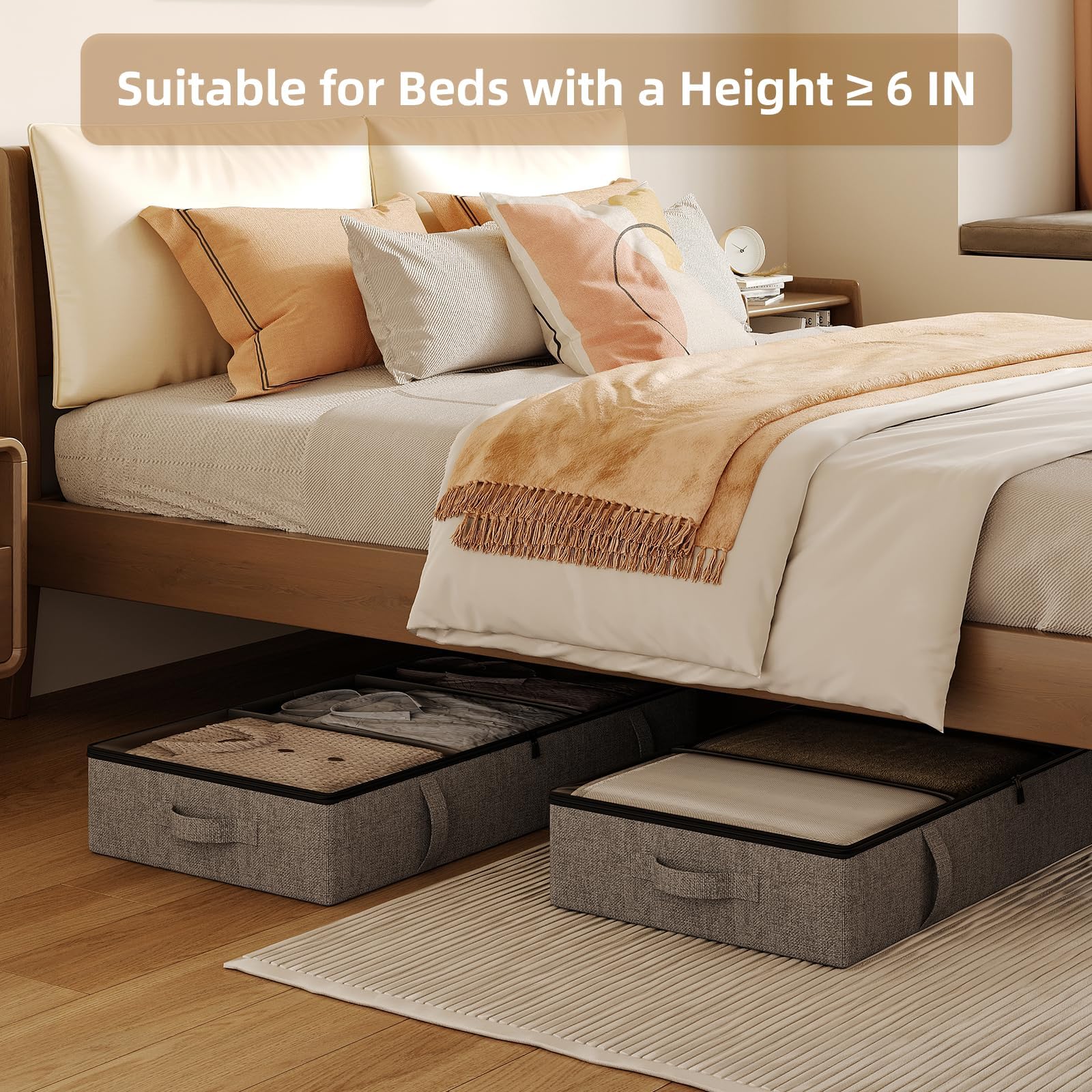 Vailando Under Bed Storage, 2 Pack Under Bed Storage Containers with Dividers, Firm Sides, Strong Zipper, 3 Handles, 6 Inches He
