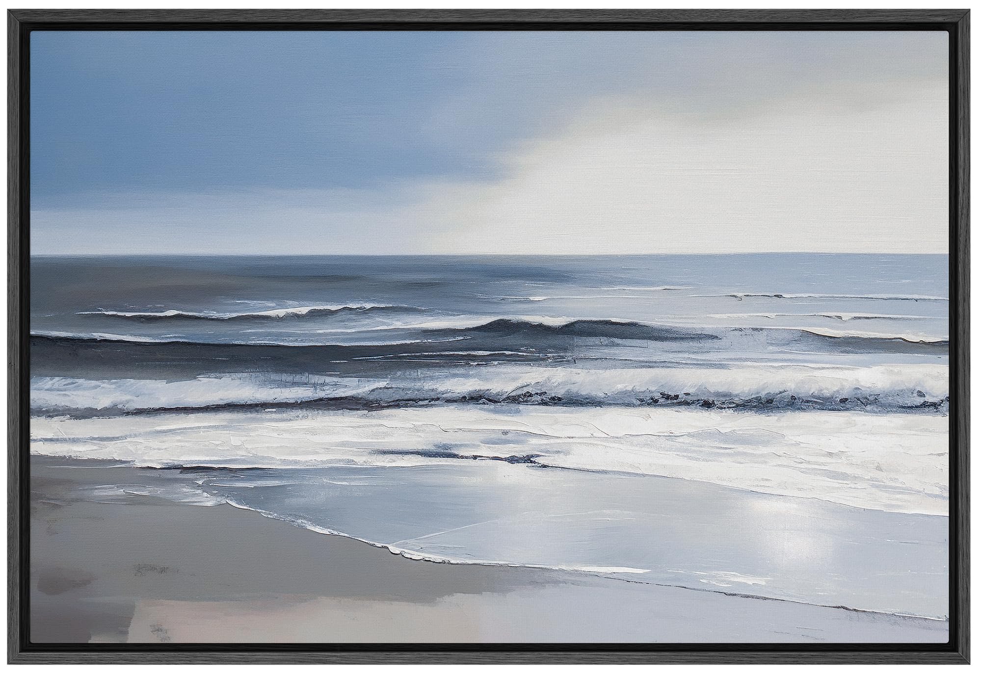 Signford Framed Canvas Print Wall Art Pastel Blue Ocean Beach Shore Nature Wilderness Illustration Minimalism Decorative Colorfu