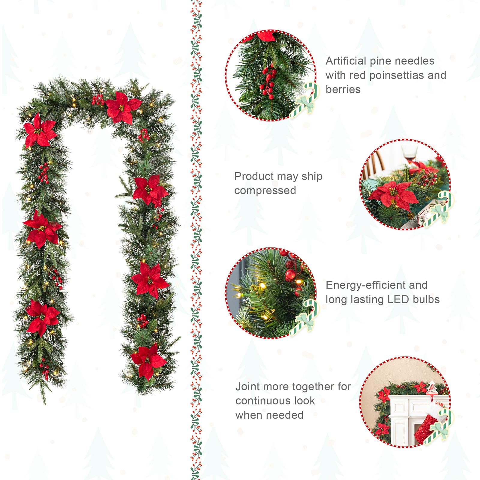 Glitzhome 9ft Christmas Garland with Lights, Greenery Garland Poinsettia and Red Berries Christmas Garlands for Mantle, Artifici
