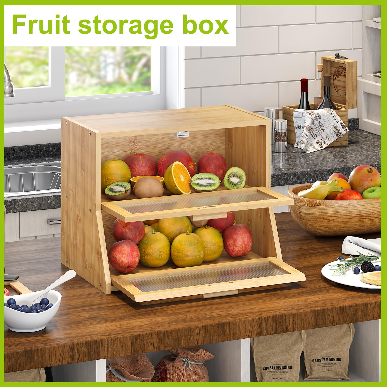 Large Bread Box Double Layer Bamboo Bread Box For Kitchen Counter Container Farmhouse Bread Box Bread Holder Capacity Bread Stor