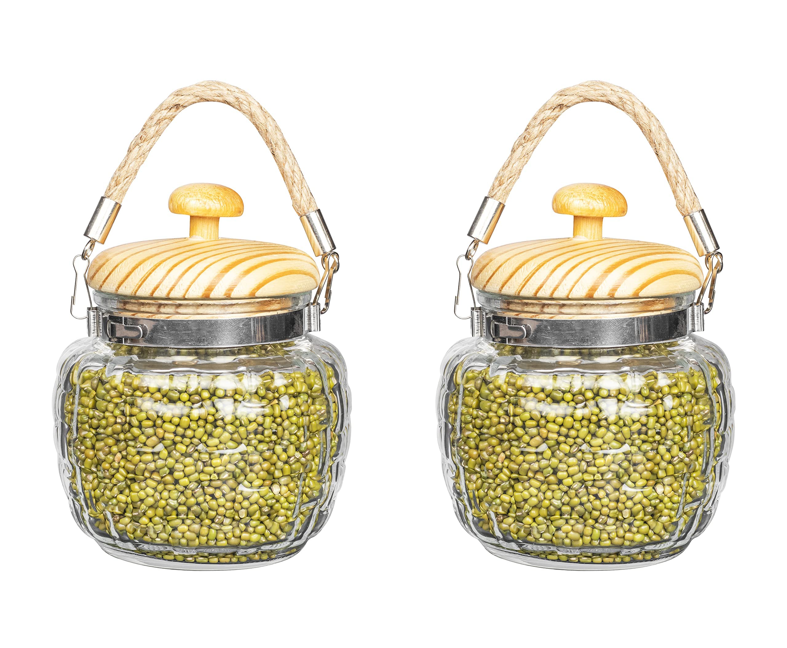 Femora Kitchen Storage Jars Embossed Glass Jar With Wooden Lid & Jute Chain Air Tight Jar, 500 Ml, Pack Of 2,Multicolor