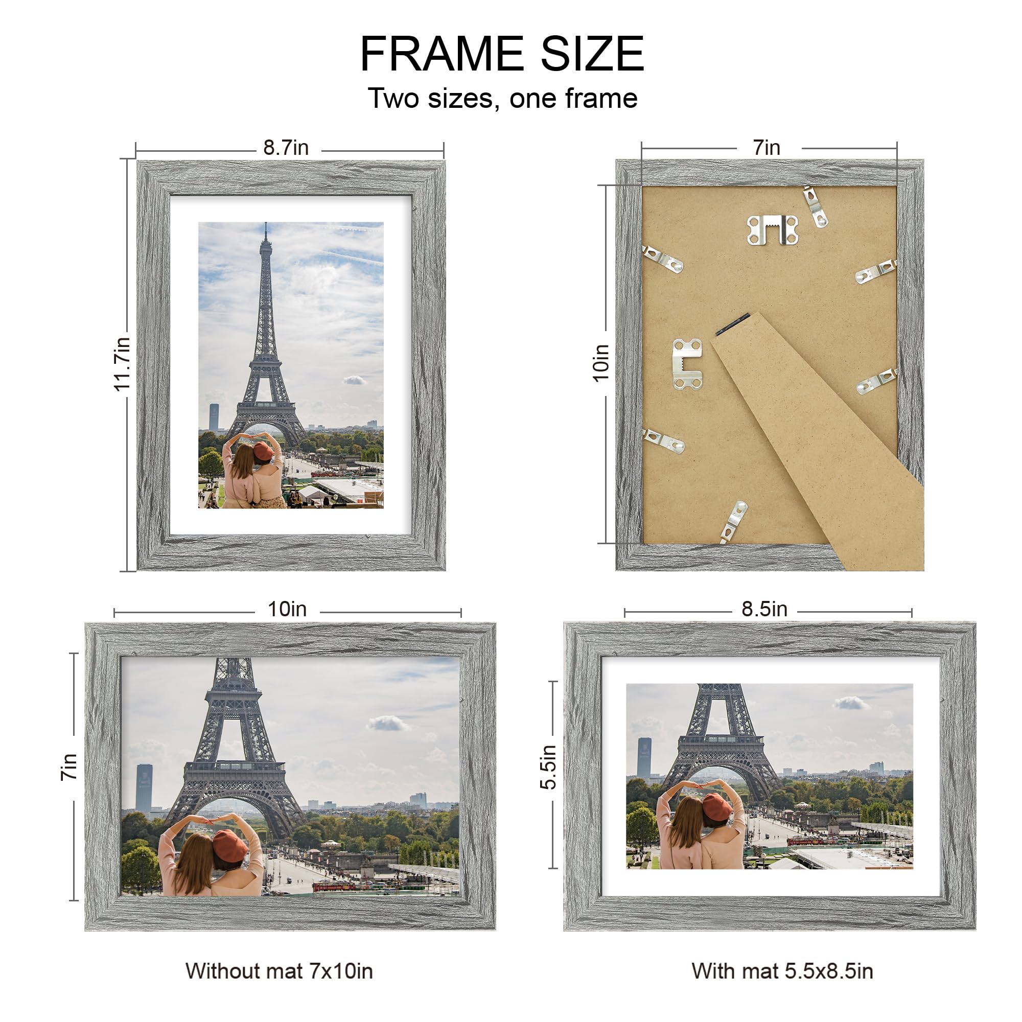 Hongkee 7x10 Picture Frame Set of 4, Made of Real Glass and Grey Frame - Display Picture 5.5x8.5 with Mat or 7x10 Without Mat, 7