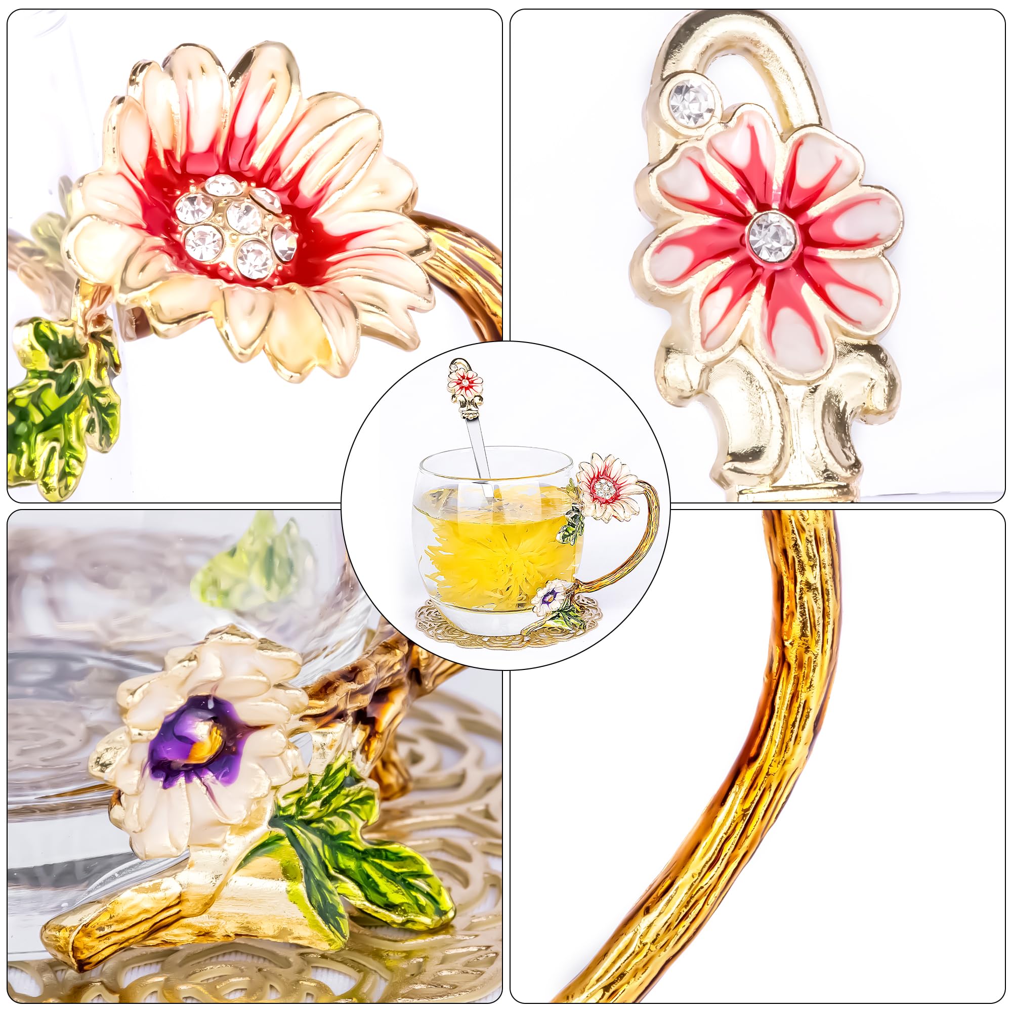 Flower Tea Cup,Butterfly Daisy Glass Fancy Coffee Mug with Spoon,Gift Box for Her Mom Wife Grandma Girls Friends Valentines Chri