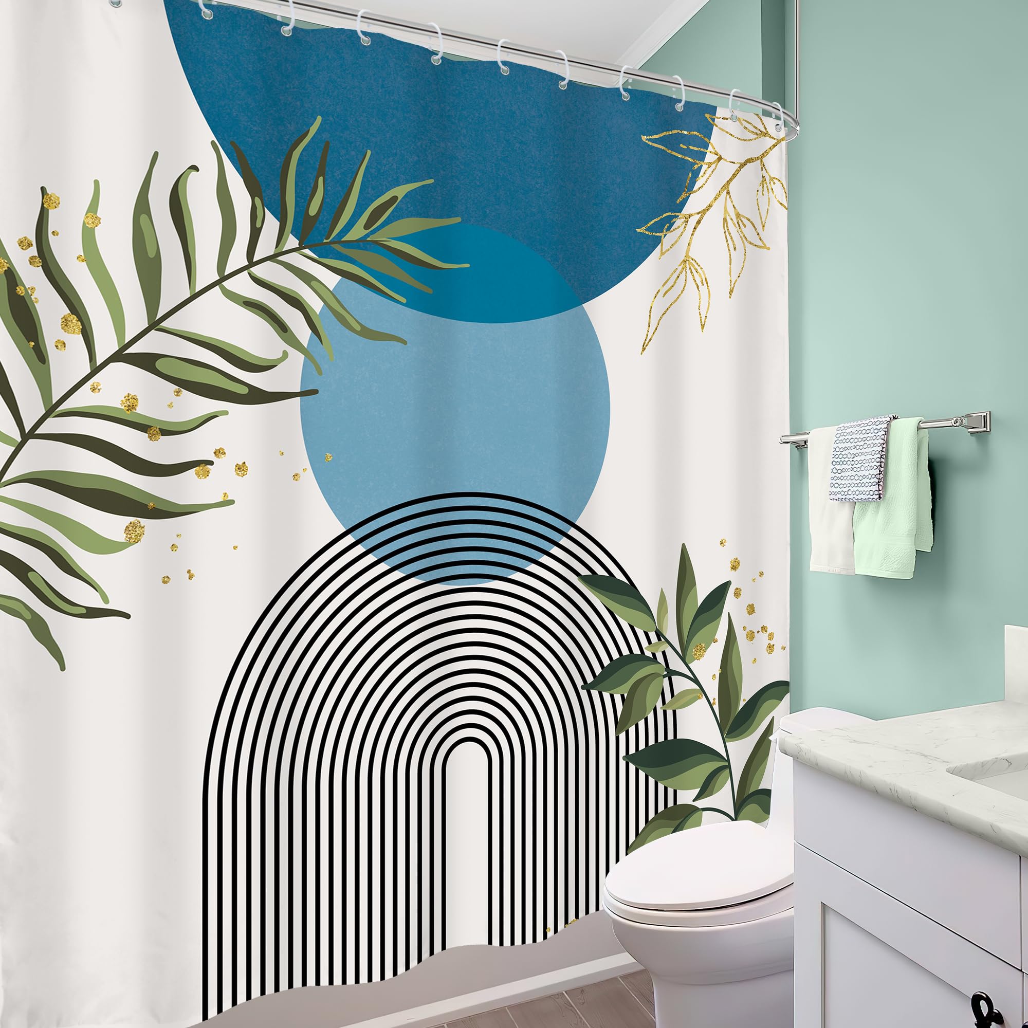 Mitpok Blue Boho Modern Shower Curtain 72Wx72H Mid Century Abstract Gold Green Leaves Sun Arch Minimalist Geometric Aesthetic Pl