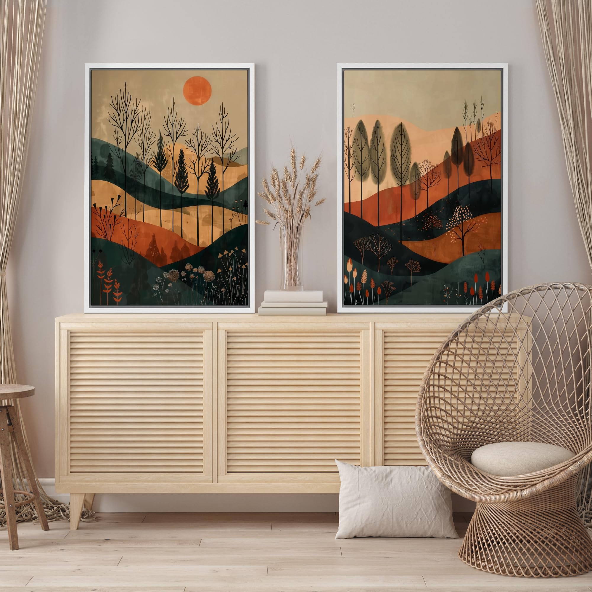Signford Framed Canvas Print Wall Art Set Sunset Canopy Trees And Hills In Autumnal Shades Illustration Modern Art Decorative No