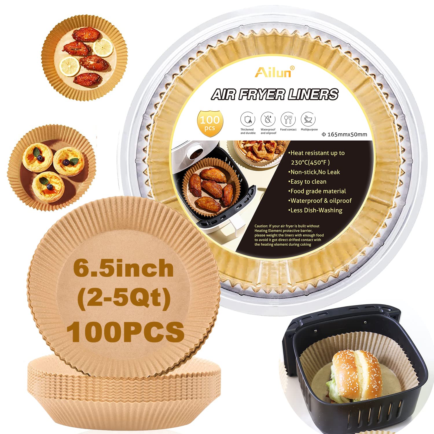 Ailun Air Fryer Paper Liners 6.5inch, 100PCS Non-Stick Parchment Paper,Oil Resistant,Disposable Food Grade Free of Bleach Paper 
