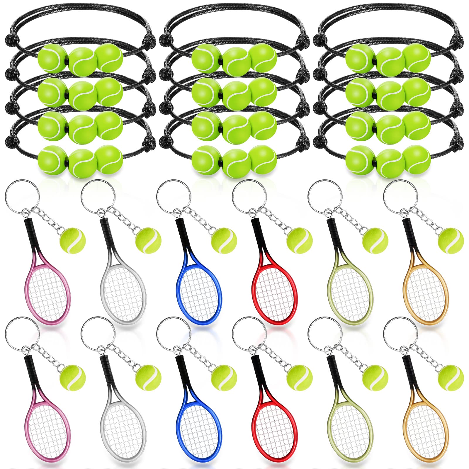 Henoyso 24 Pcs Tennis Gifts Tennis Party Favors 12 Pcs Mini Tennis Racket with Ball Keychain 12 Pcs Sport Theme Beads Charm Brac
