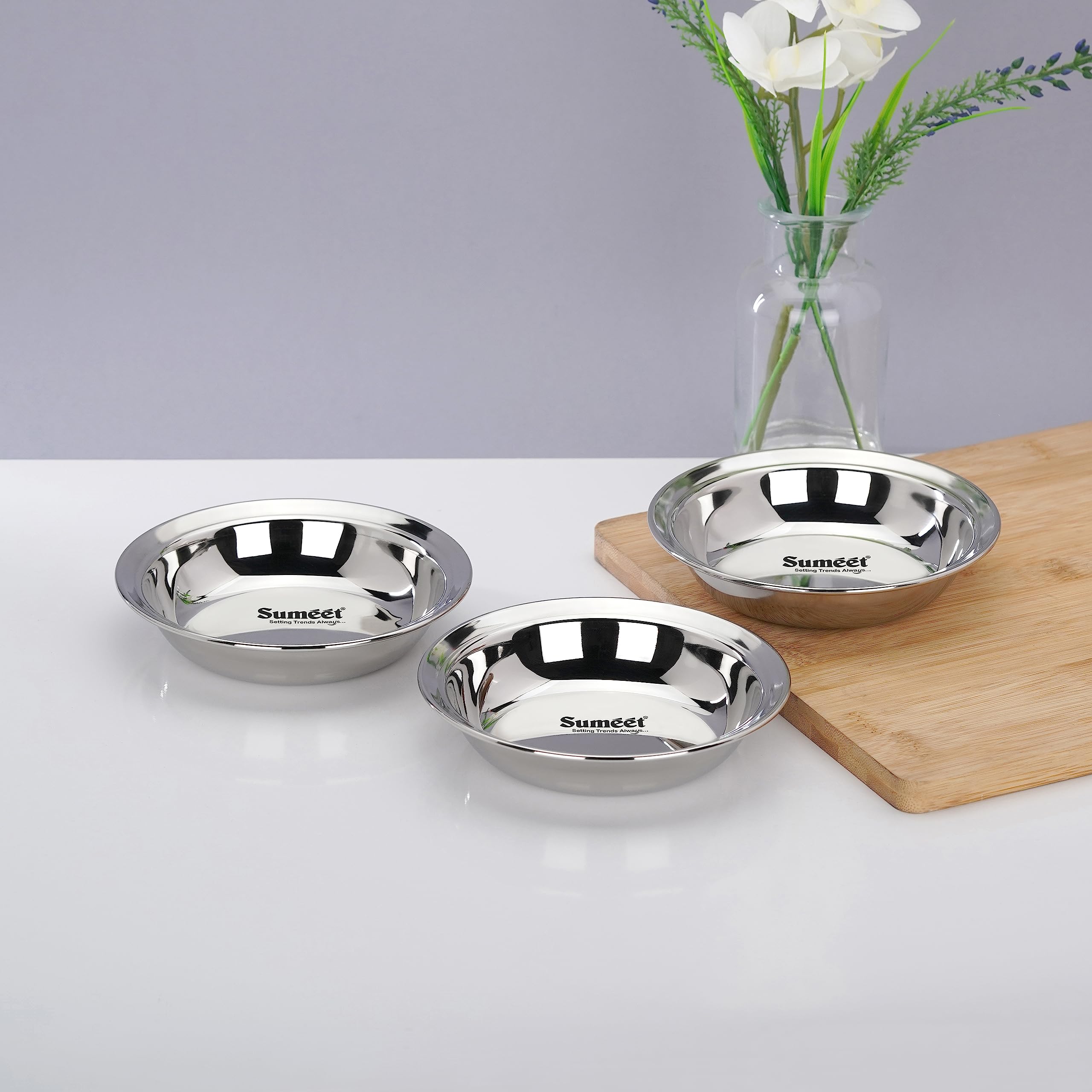 Sumeet Stainless Steel Heavy Gauge Multi Utility Serving Plates with Mirror Finish 12.5cm Dia  Set of 3pc, Silver