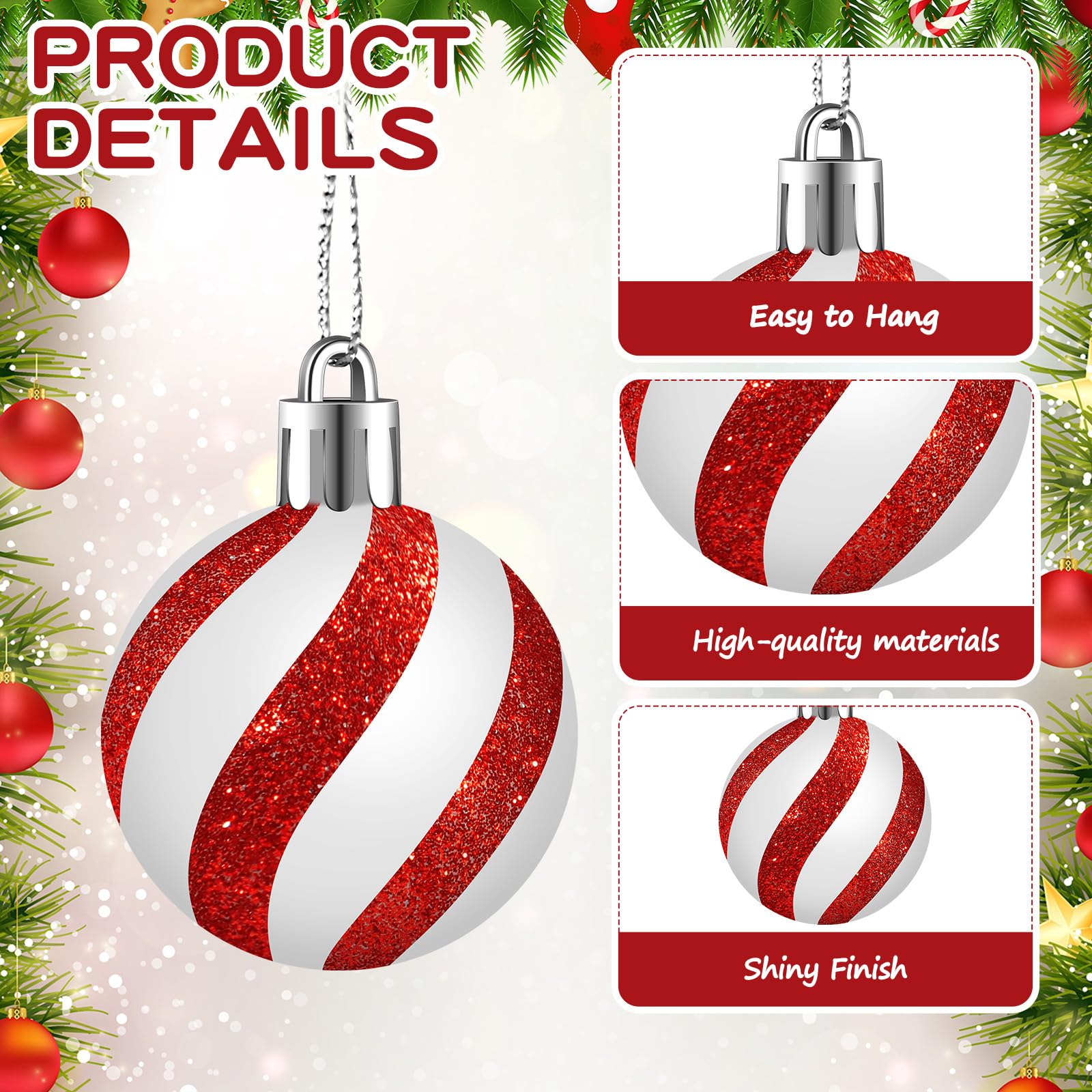 Motionchic 24 Pcs Christmas Ball Ornaments Hanging Glitter Shatterproof Mini Candy Balls Red and White Plastic Christmas Tree De