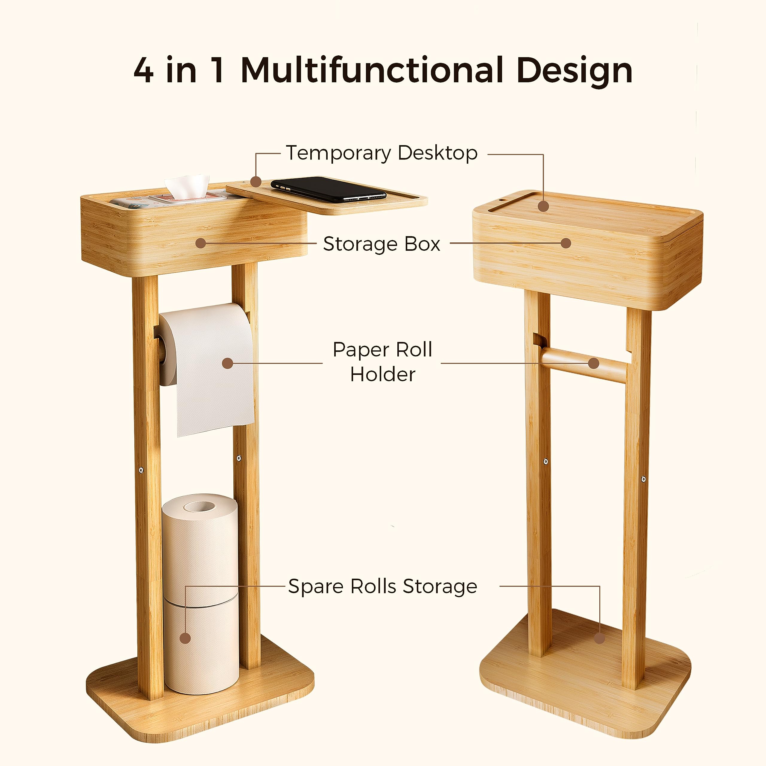 Wealone 4-In-1 Toilet Paper Holder Stand With Storage Shelf Box, 360 Rotating Bamboo Free Standing Toilet Tissue Roll, Toilet Wi
