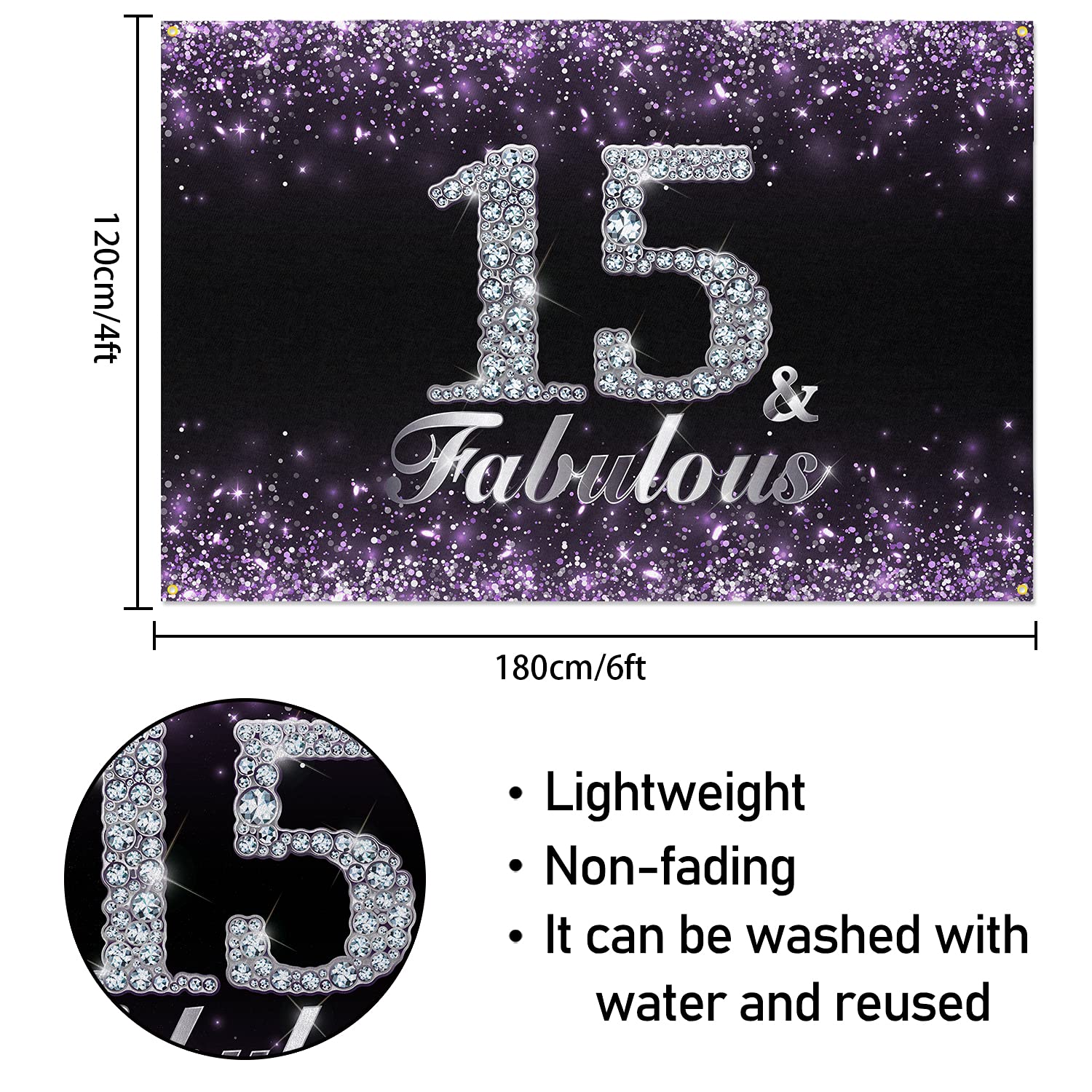 Hamigar 6X4Ft Happy 15Th Birthday Banner Backdrop - 15 & Fabulous Birthday Decorations Party Supplies For Girls - Purple