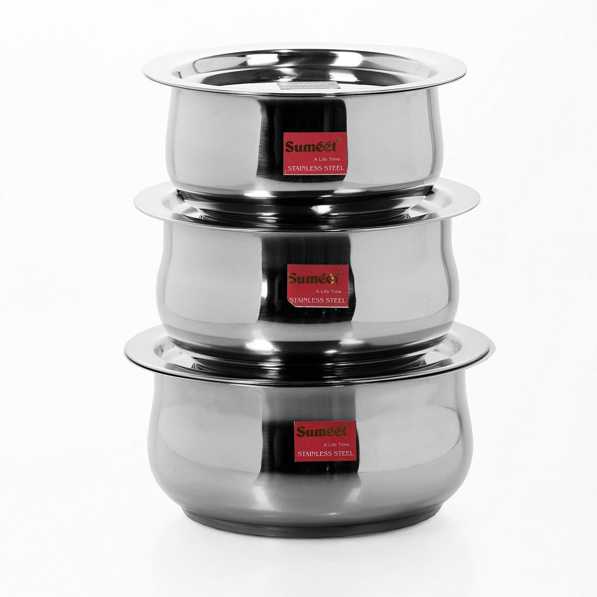 Sumeet 3 Pcs Stainless Steel Induction & Gas Stove Friendly Belly Shape Container Set/Tope/Cookware Set With Lids Size No.12 to