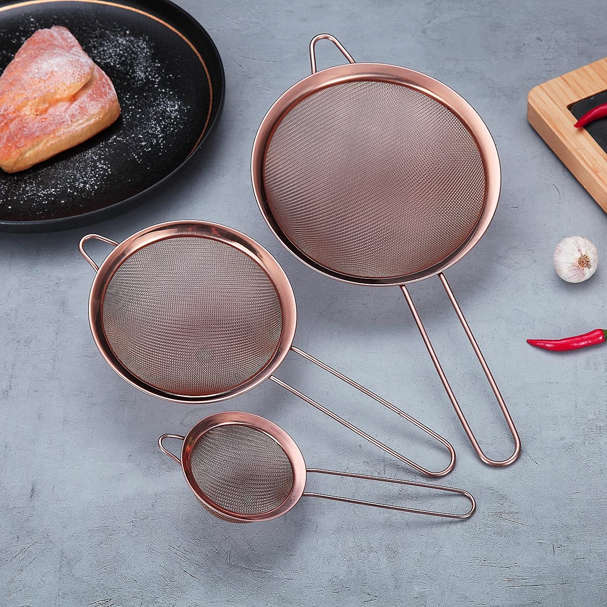 Copper Fine Mesh Strainer 3 Pieces Set, Rose Gold Flour Sifter For Baking, Stainless Steel Clander, Copper Matcha Tea Strainer,
