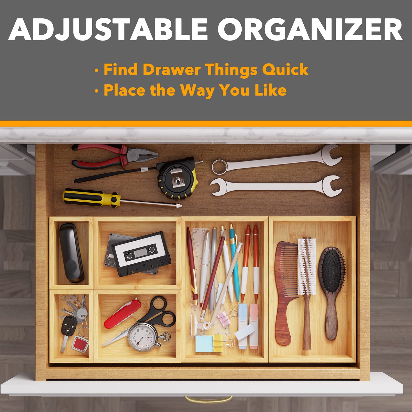 SpaceAid 6 Pcs Bamboo Drawer Organizer Storage Box Set, Multi-Use Drawer Organizer Bin for Kitchen, Bathroom, Office Desk and Ma