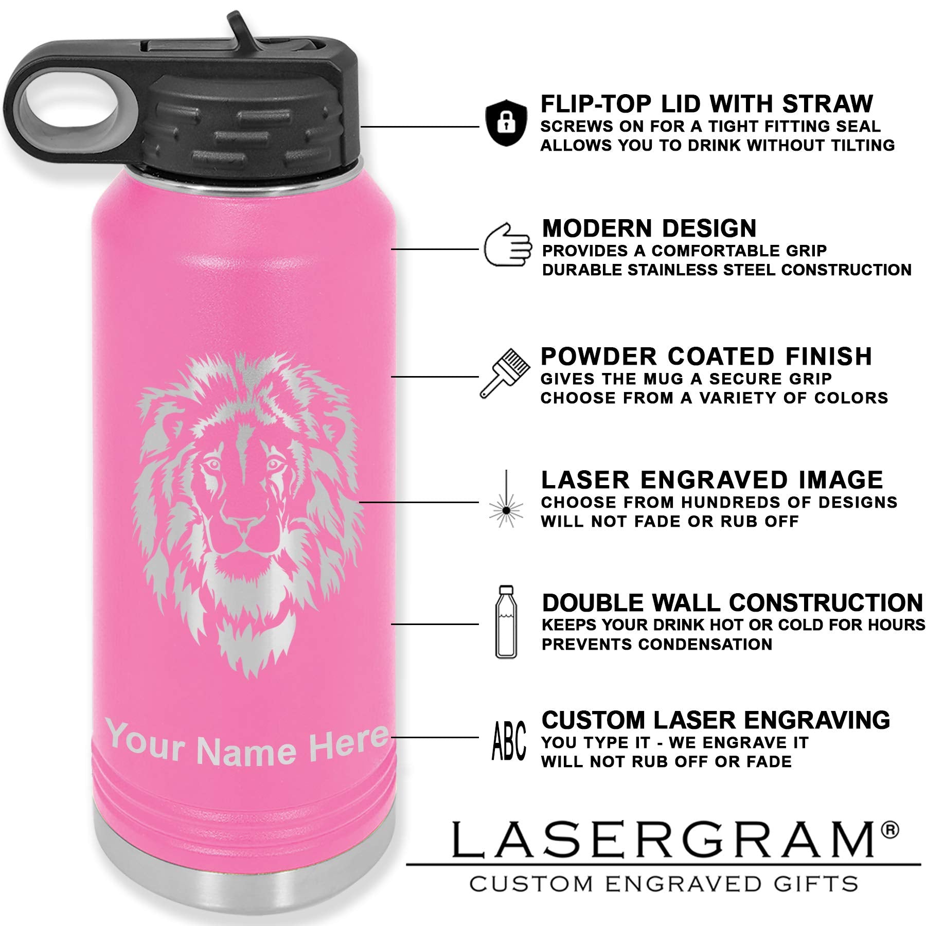 Lasergram 40Oz Double Wall Flip Top Water Bottle With Straw, Volleyball Ball, Personalized Engraving Included (Pink)