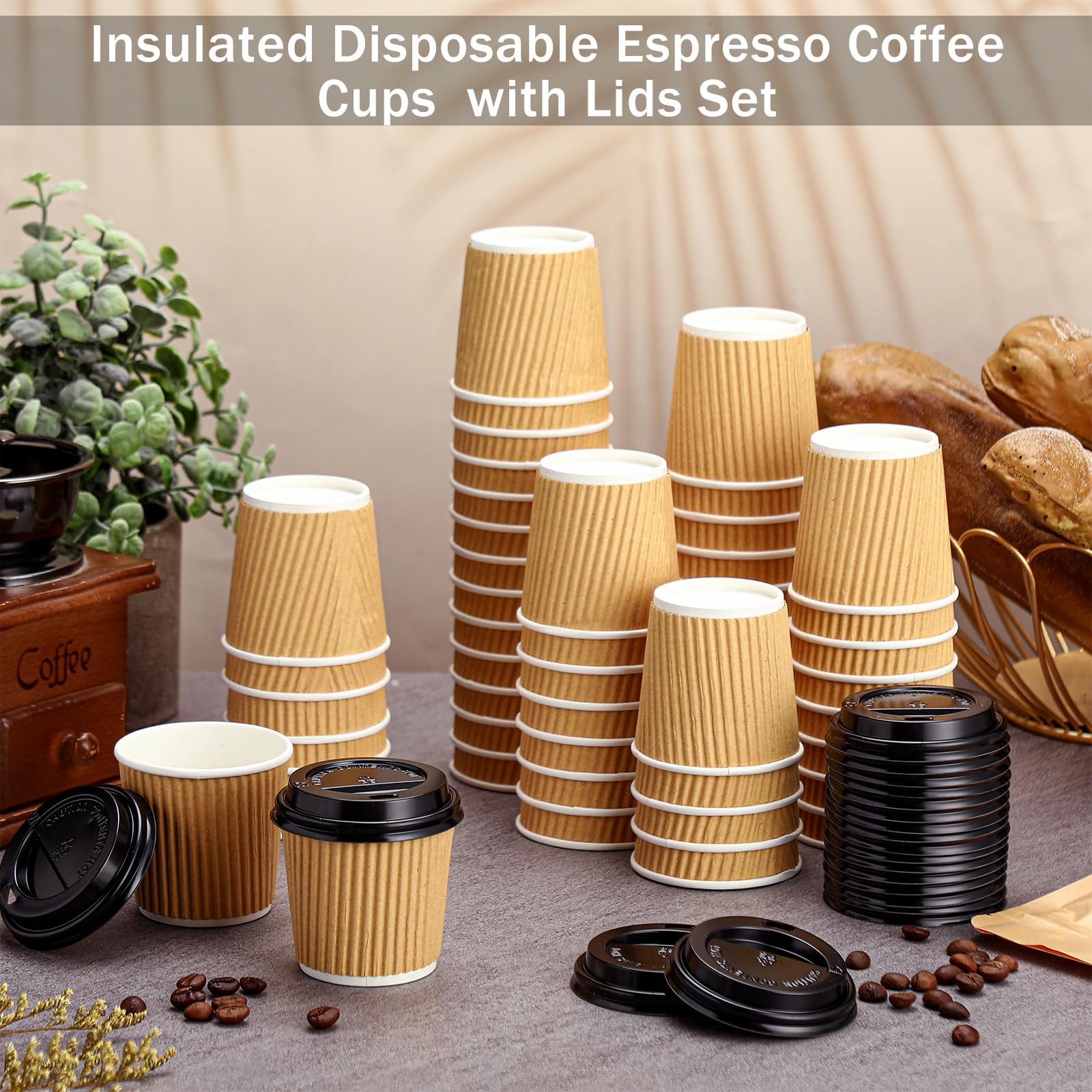 Uiifan 100 Set 4Oz Disposable Espresso Cups With Lids Ripple Corrugated Paper Disposable Coffee Cups Insulated Hot Cups Ripple C