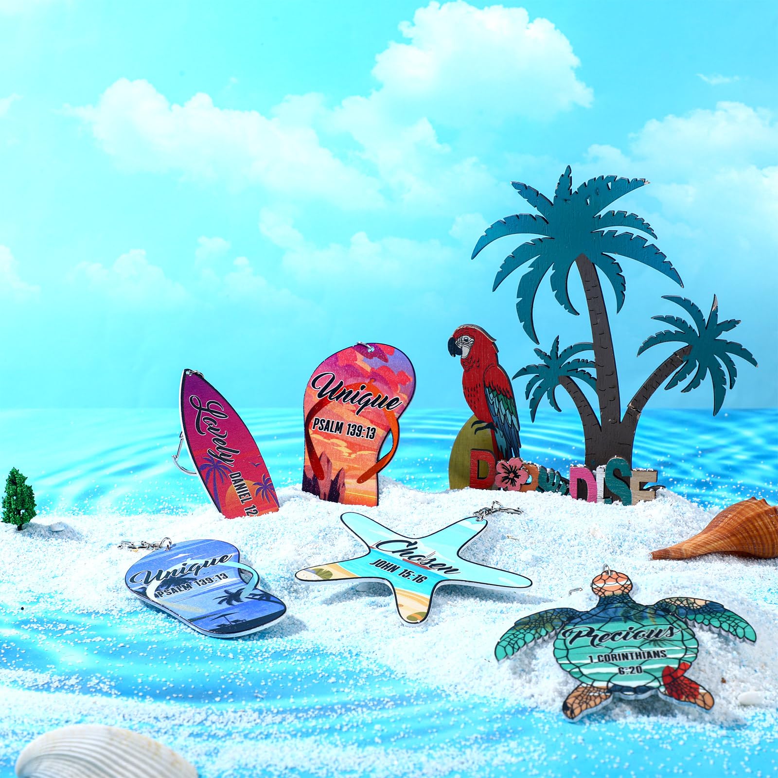 Bucherry 36 Pcs Beach Summer Party Favors Keychain Gifts Bulk Wooden Surfboard Sea Turtle Coconut Tree Christian Religious Key R