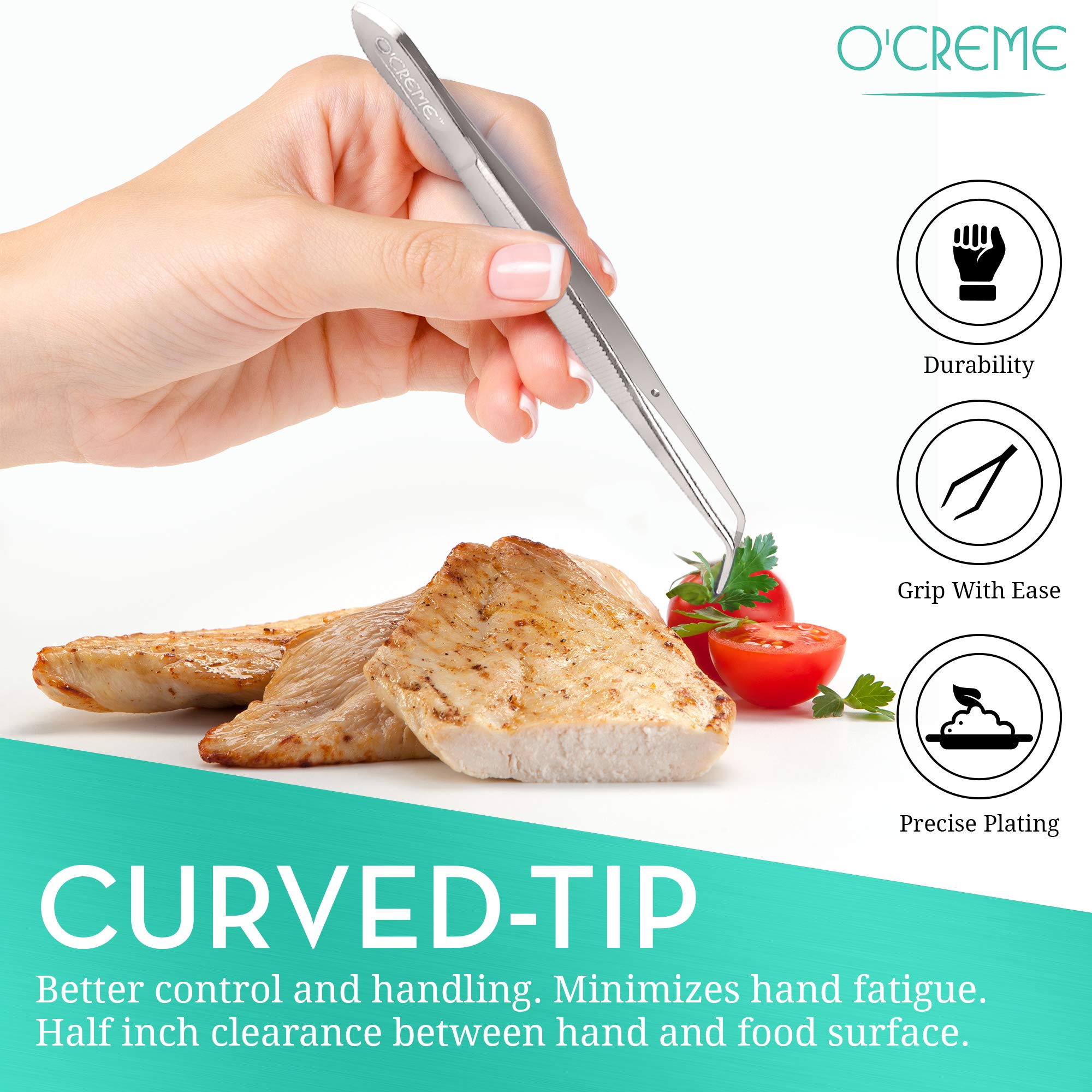 O'Creme Stainless Steel Precision Kitchen Culinary Fine-Tip Tweezer Tongs  1 Curved and 1 Straight