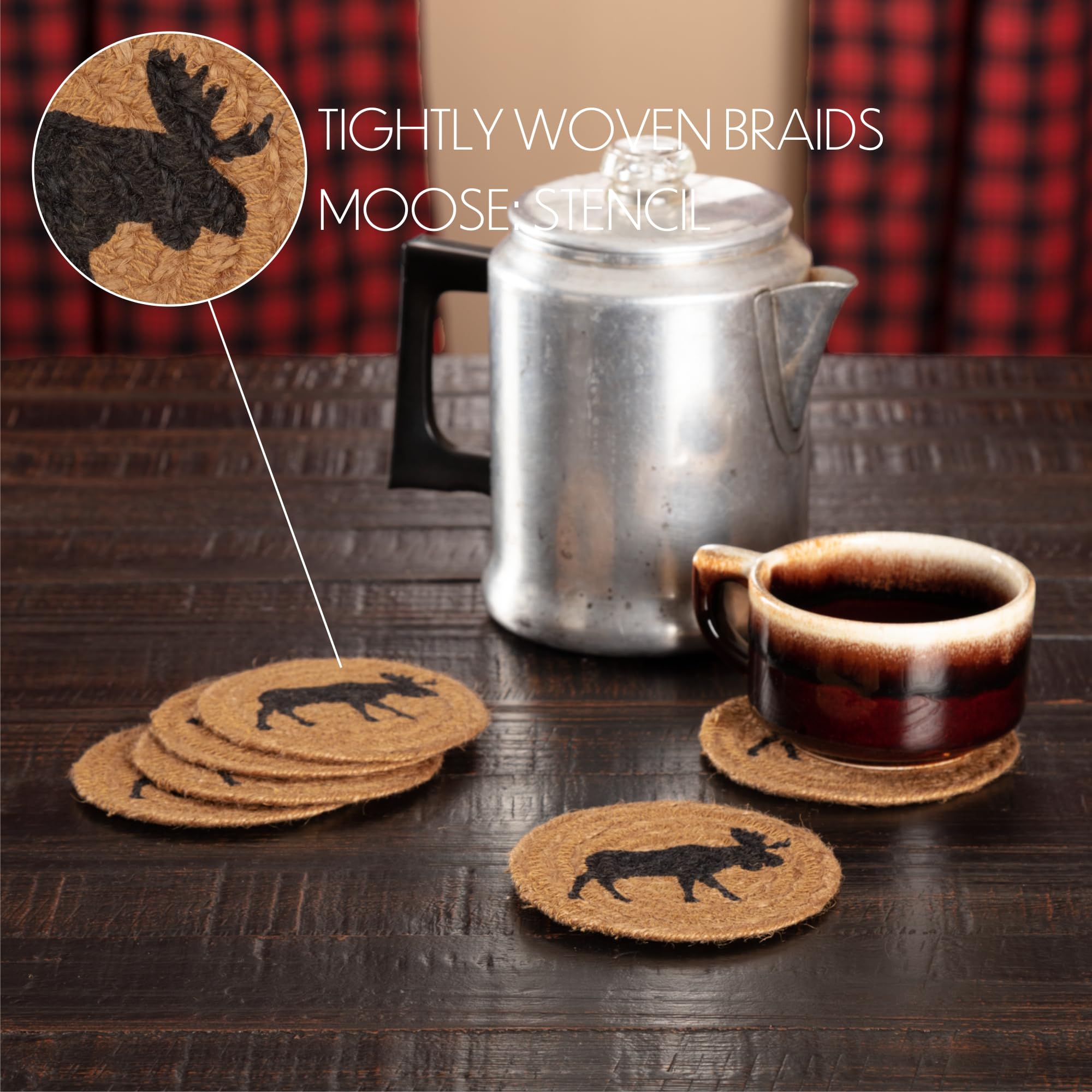 Vhc Brands Cumberland Moose Print Textured Jute Rustic Tabletop Kitchen Stenciled Round Bedding Accessory, Coaster Set, Natural