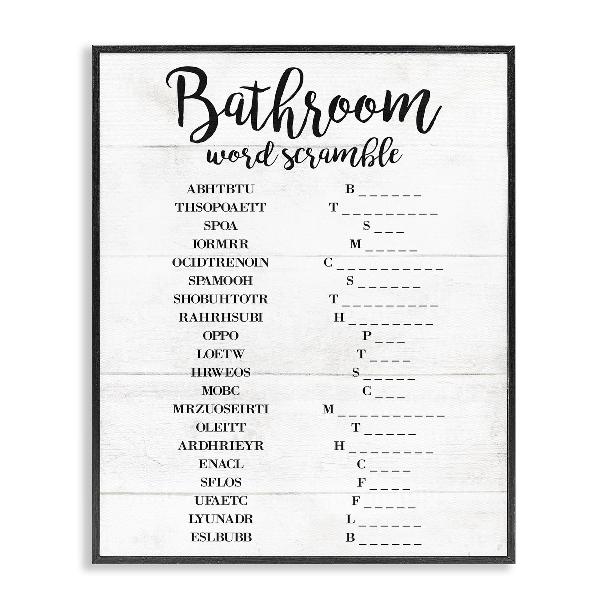 Stupell Industries Bathroom Word Scramble White and Black Word Design, Framed Giclee Art, Black, 24 x 30 Inches, Easy to Hang 