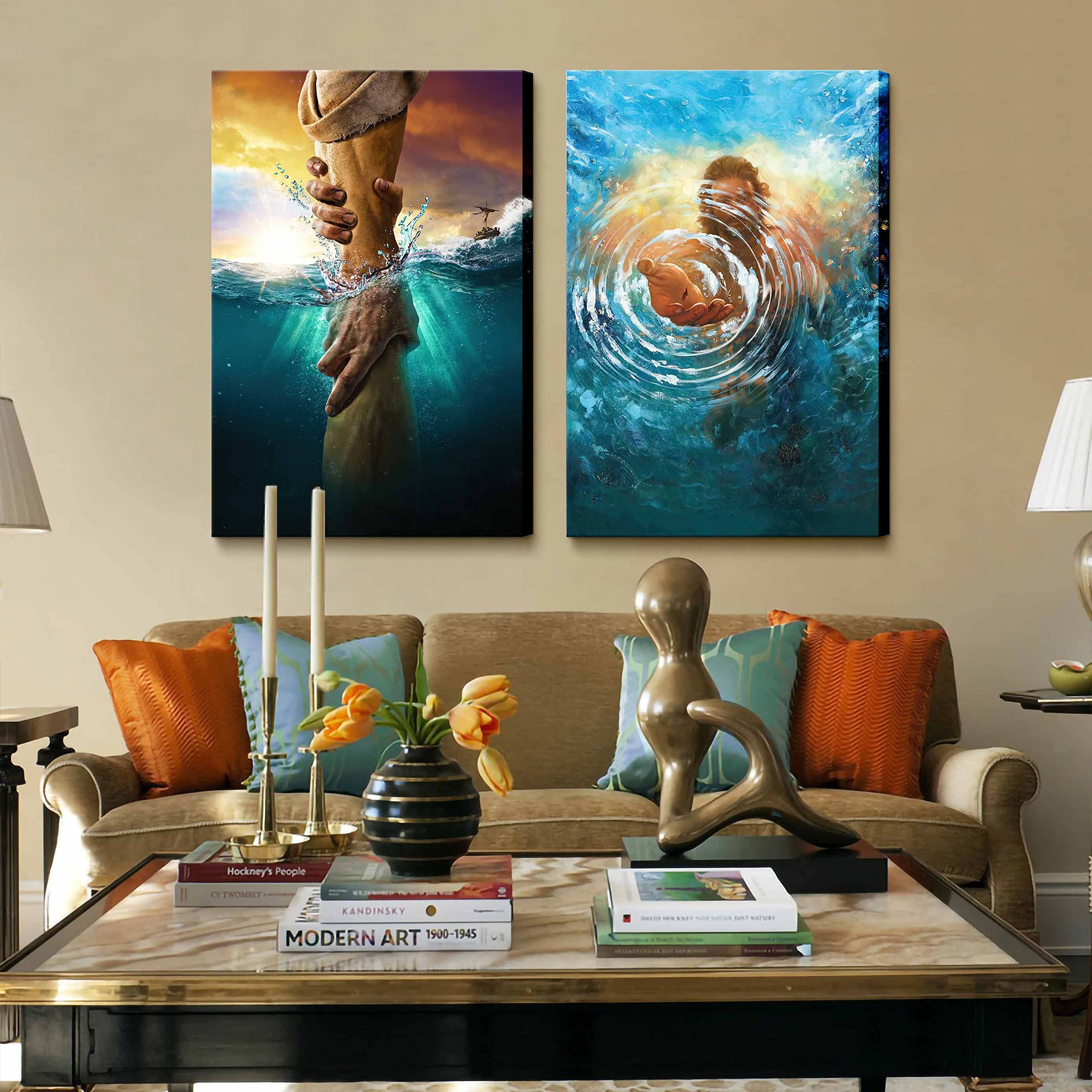 2 Pcs Framed Jesus Wall Art The Hand Of God Jesus Reaching Into Water Christ Religion Canvas Wall Decor Blue Ocean Bible Picture