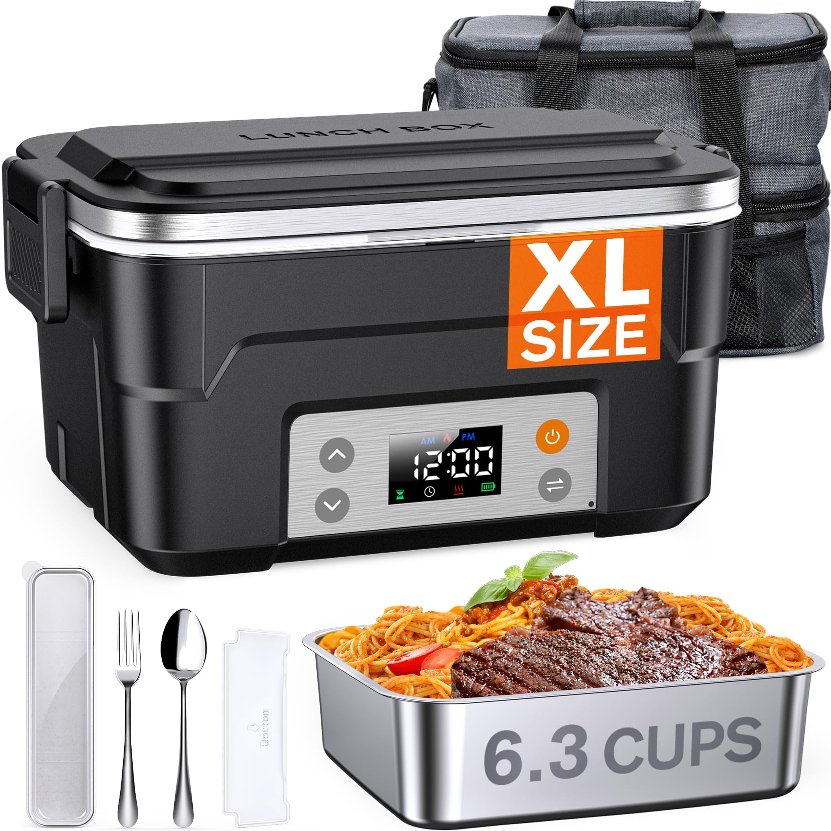 EAST OAK XL 6.3-Cup Cordless Electric Lunch Box for Adults, Heated Lunch Box for Men with Scheduled Heating, Portable Car Food W